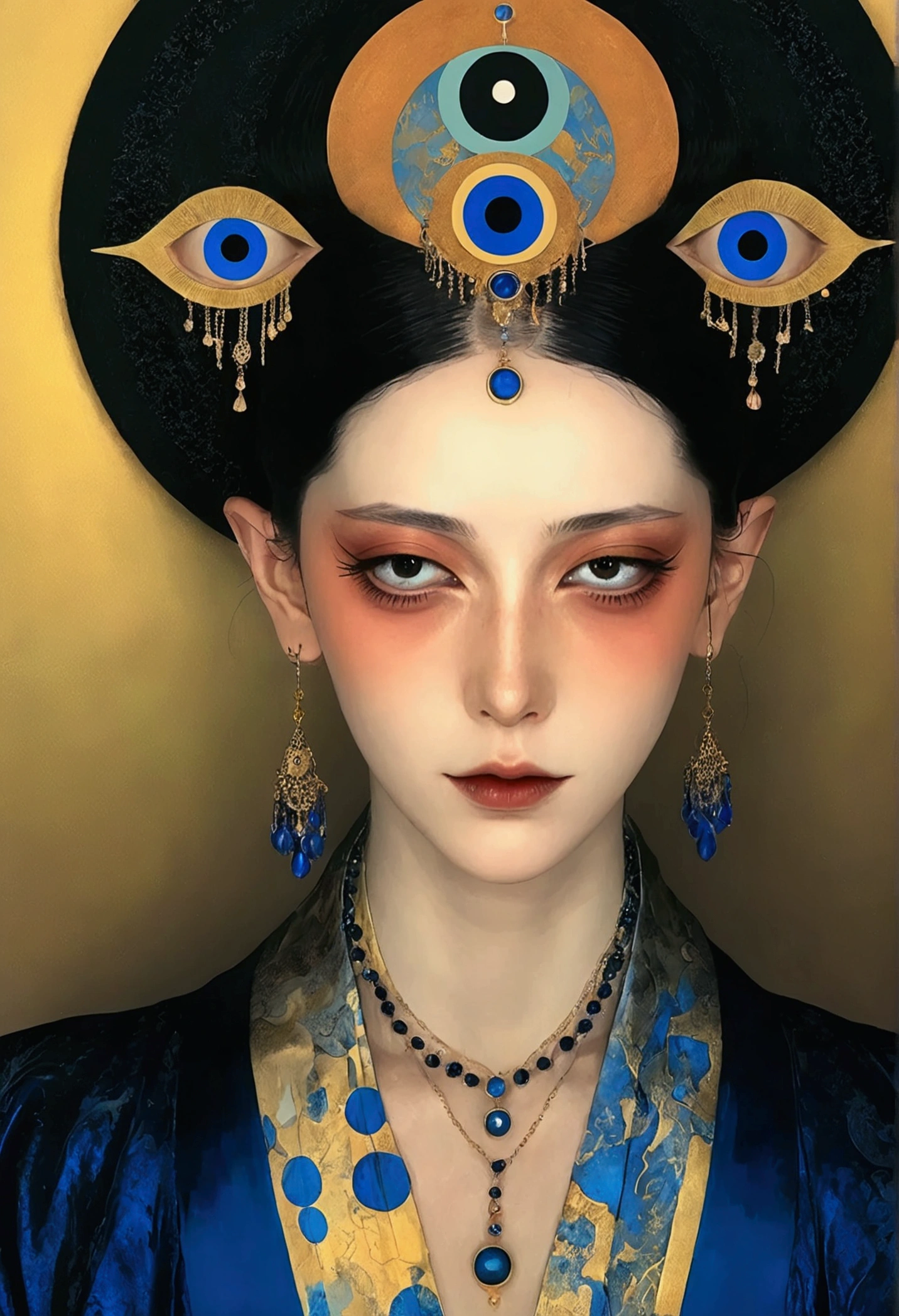 The art of math,Digital Illustration,Drawing,Decorative paintings,Watercolor,(((Harry Clark (Harry Clarke) style,圣地亚哥·卡鲁索style))),Simple,clean,Fine painting style,(((The third eye on the forehead。short hair,Pointed ears,robe))),Wide Angle,Black and blue,Solid color background,Human anatomy is correct