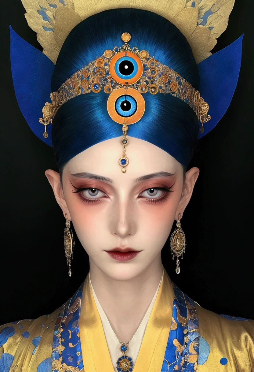 The art of math,Digital Illustration,Drawing,Decorative paintings,Watercolor,(((Harry Clark (Harry Clarke) style,圣地亚哥·卡鲁索style))),Simple,clean,Fine painting style,(((The third eye on the forehead。short hair,Pointed ears,robe))),Wide Angle,Black and blue,Solid color background,Human anatomy is correct