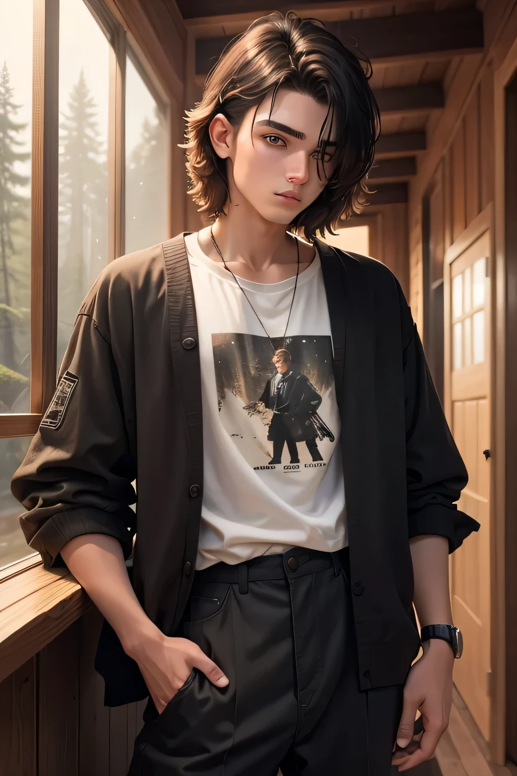 19 years old boy. With short brown hair. He's got a mullet. He looks serious. His clothes are brown black and white. He's got a wild side. He lives in a wooden house in the forest.