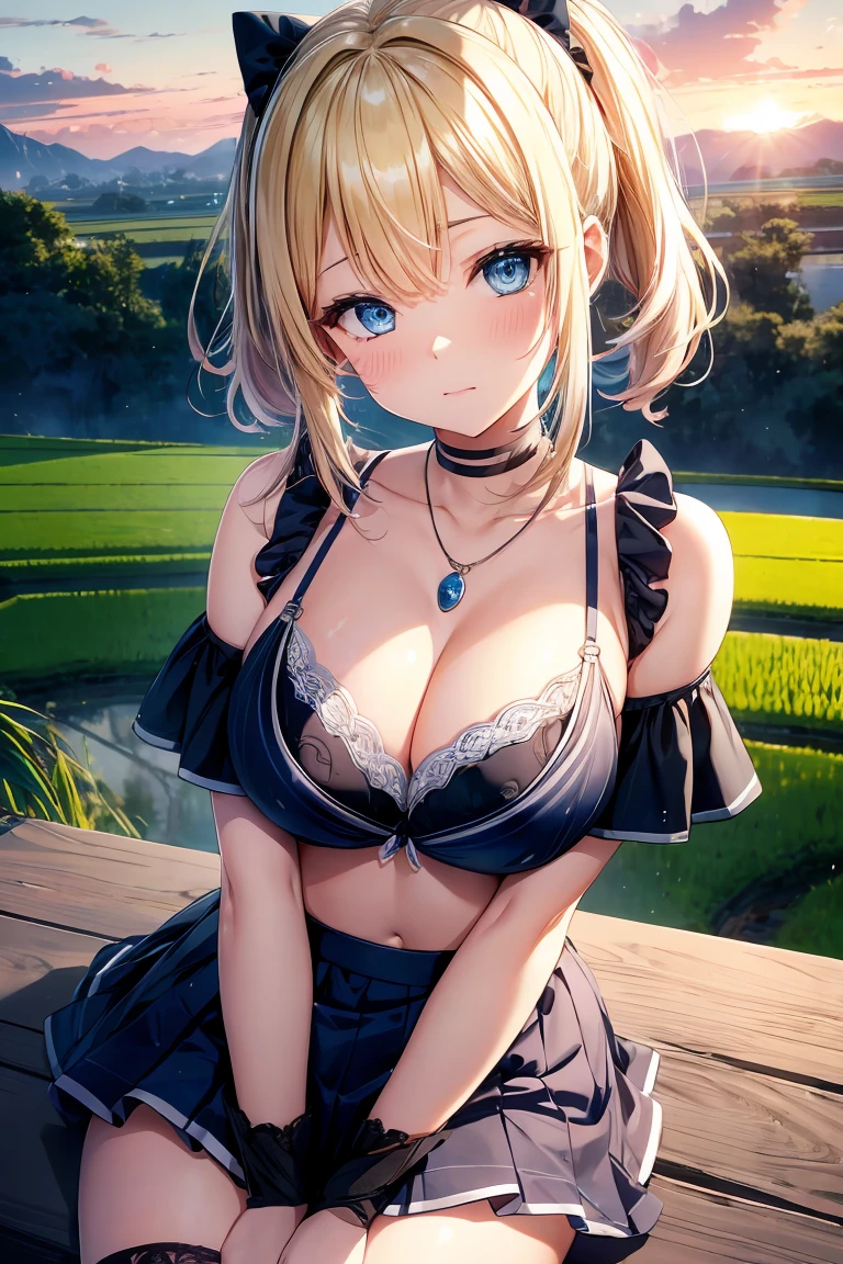 Absurd, Ultra-detailed,Bright colors, Very beautiful and detailed anime faces and eyes, View from the front, ;is, Shiny_skin,Age 25, , (A stylish bra can be seen through the sheer white bra 、Black socks、Checked skirt)、short hair, , Asymmetrical bangs, Blonde hair in short pigtails, Shiny Hair, iselicate beautiful face, blush、(iseep Blue Eyes:1.3)、evening、There are many rice fields, Lots of fields、Big Sunset、Orange View、Small Necklace、