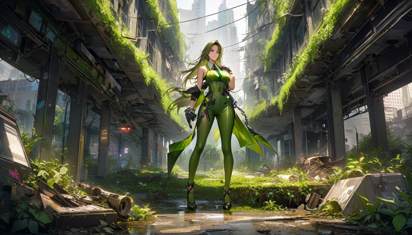 eve (stellar_Blade), alone, Body, necktie, abandoned, Cyberpunk city overgrown with plants, Stand, Viewers look at, glittering clothes, skintight, Full body, bare shoulders, lips, green necktie, big , handcuffs, glittering, sleeveless, High Heels, romper , zPDXL, score_9, score_8_highly, score_7_highly, score_6_highly, score_5_highly, score_4_highly, high quality, beautiful picture, masterclass!