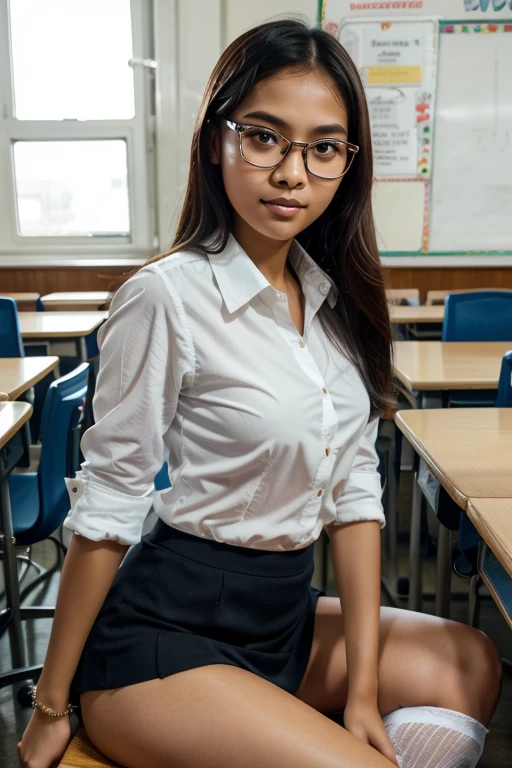 Sweet young Indonesian jakarta junior high school girl, sweet georgeus face, ************, slim body, long slim legs, descent from minang, she has short  lady Di's hairs style, round big briliant eyes, long eyelashes, nubian nose, sexy red bold lips,  wearing black sport shoes and short white socks, wearing glasses, wearing white buttoned shirt, wearing blue ripled skirt,  siting cheerful straddeled wide in classroom, wearing white lace panty exposed,