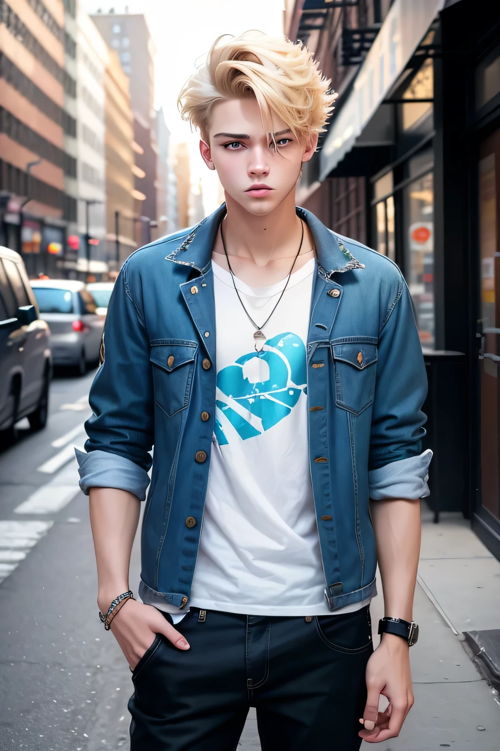 18 years old american boy. With blond hair and blue eyes. His style is streetswear and trendy. He lives in New York City.