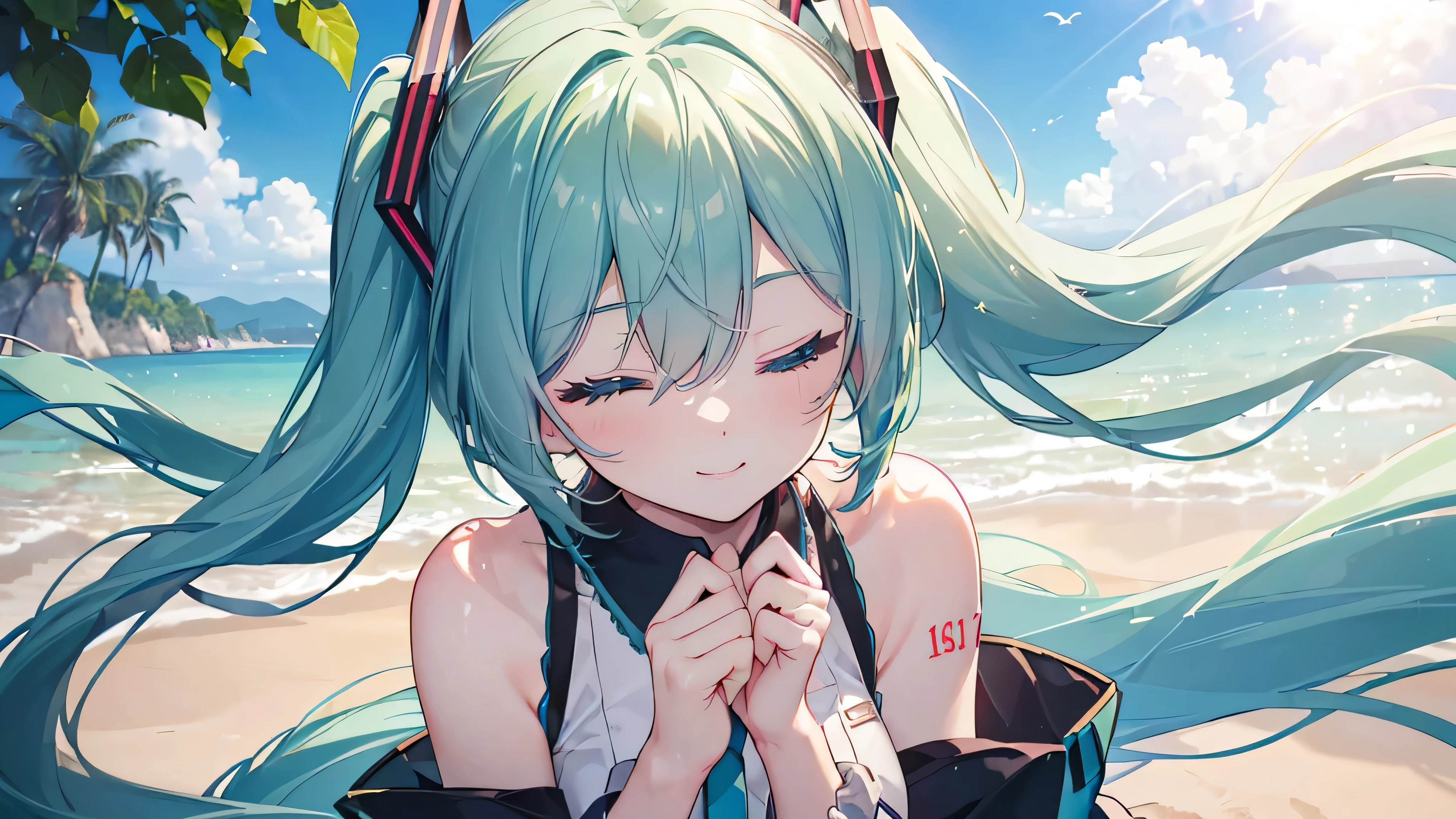 ((Look Up)), (((Highest quality、masterpiece、Ultra-fine、Ultra-fine、Green Hair,Exquisite、16K、Full HD、Asahi、Top-down angle,hatsune miku,))), ((buzzer,Private Server,Looking up while blocking the sunlight with your hands)))Blue eyes、Long eyelashes、White skin、(Pale pink lips、Pale pink cheeks、thin and long)、 (((cute,The best smile with one eye closed)), ((one person)) 、(blue sky)) 、 (Under the hot sunlight spreading across the blue sky, the cicadas' cries echo in the shade of the green trees.)、