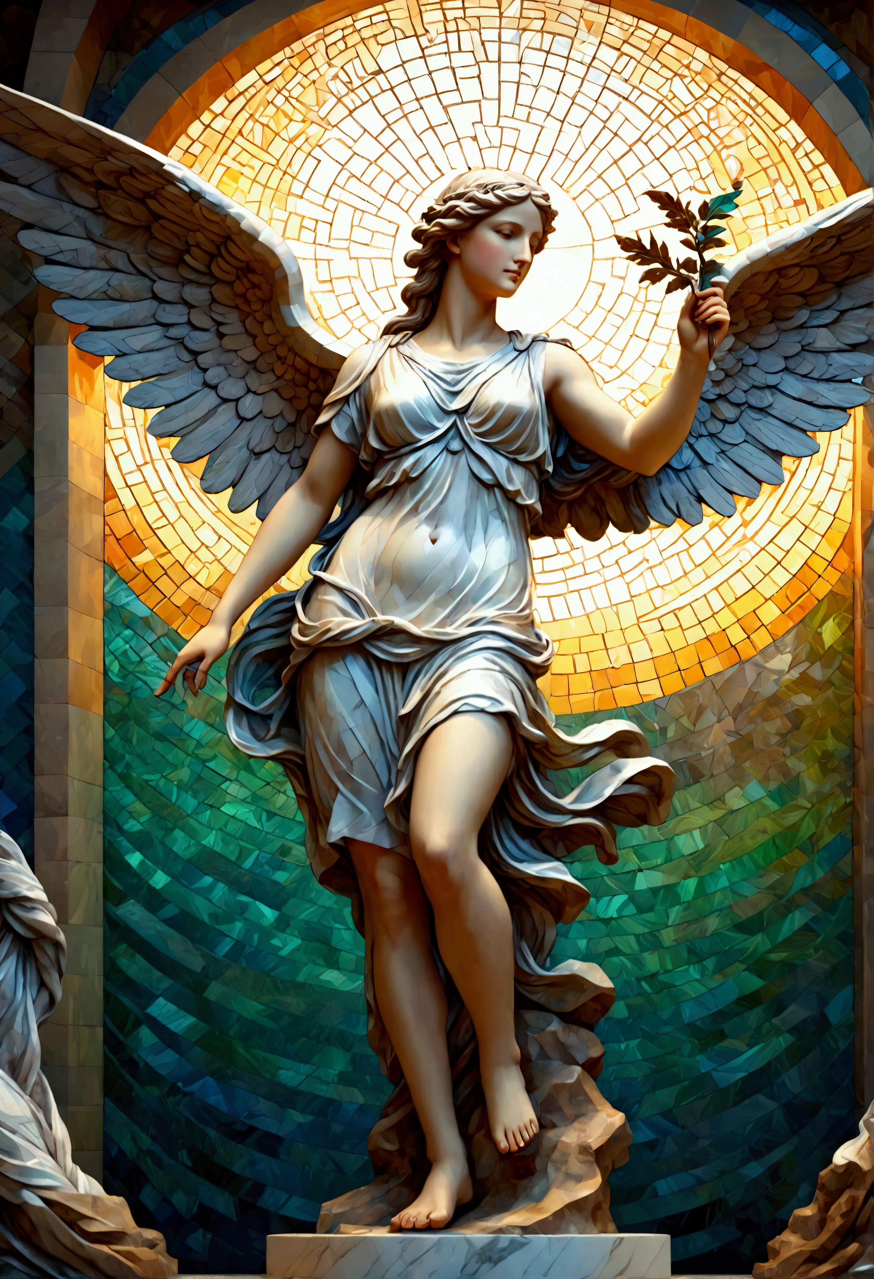 Fixes,statue of the goddess Nike of Samothrace,statue made of marble,best composition,dynamic position,create an artistic background,Mosaic painting using geometric patterns,Use motifs from Greek mythology,(masterpiece:1.3),(highest quality:1.4),(ultra detailed:1.5),High resolution,extremely detailed,unity 8k wallpaper