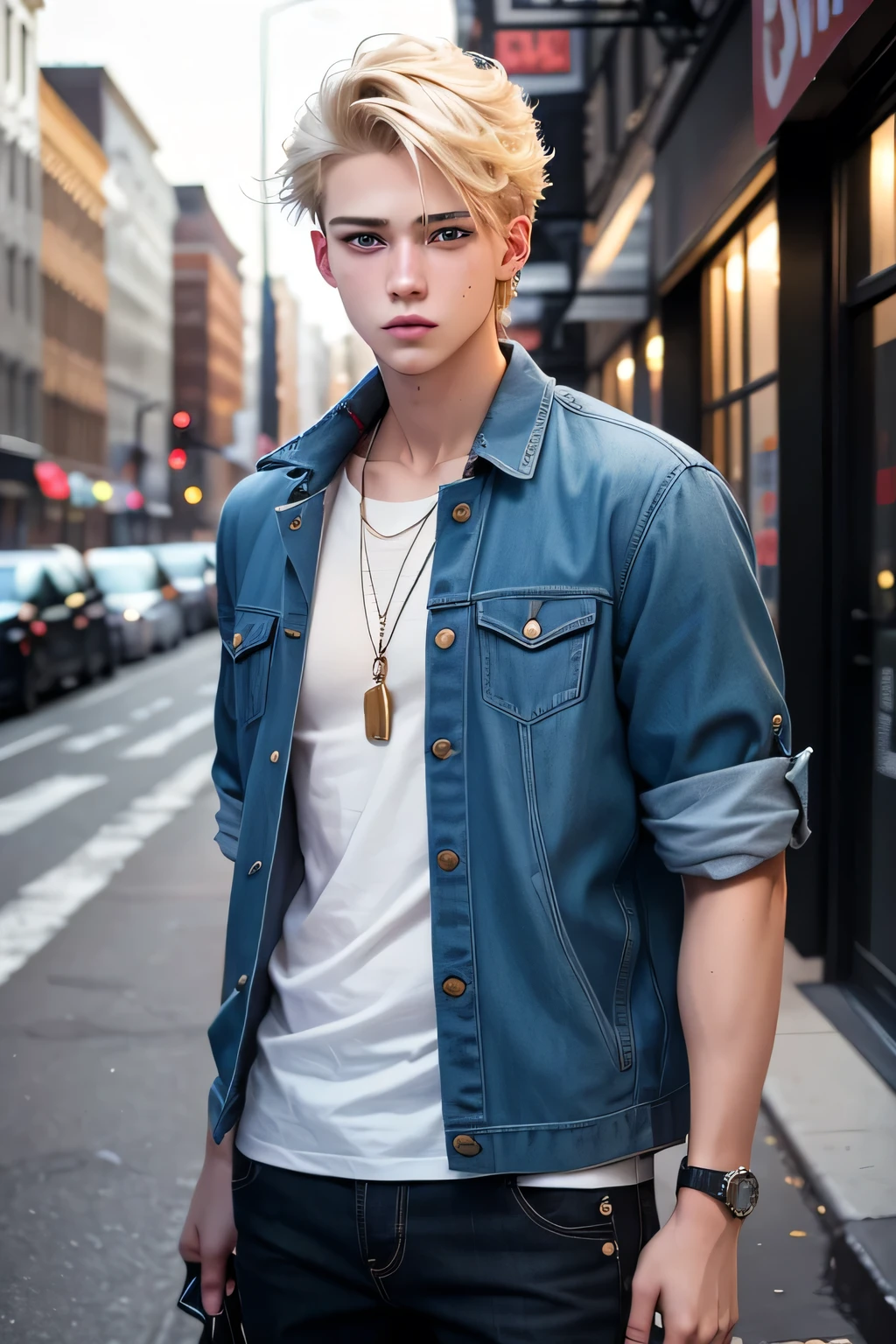 18 years old american boy. With blond hair and blue eyes. His style is streetswear and trendy. He lives in New York City.