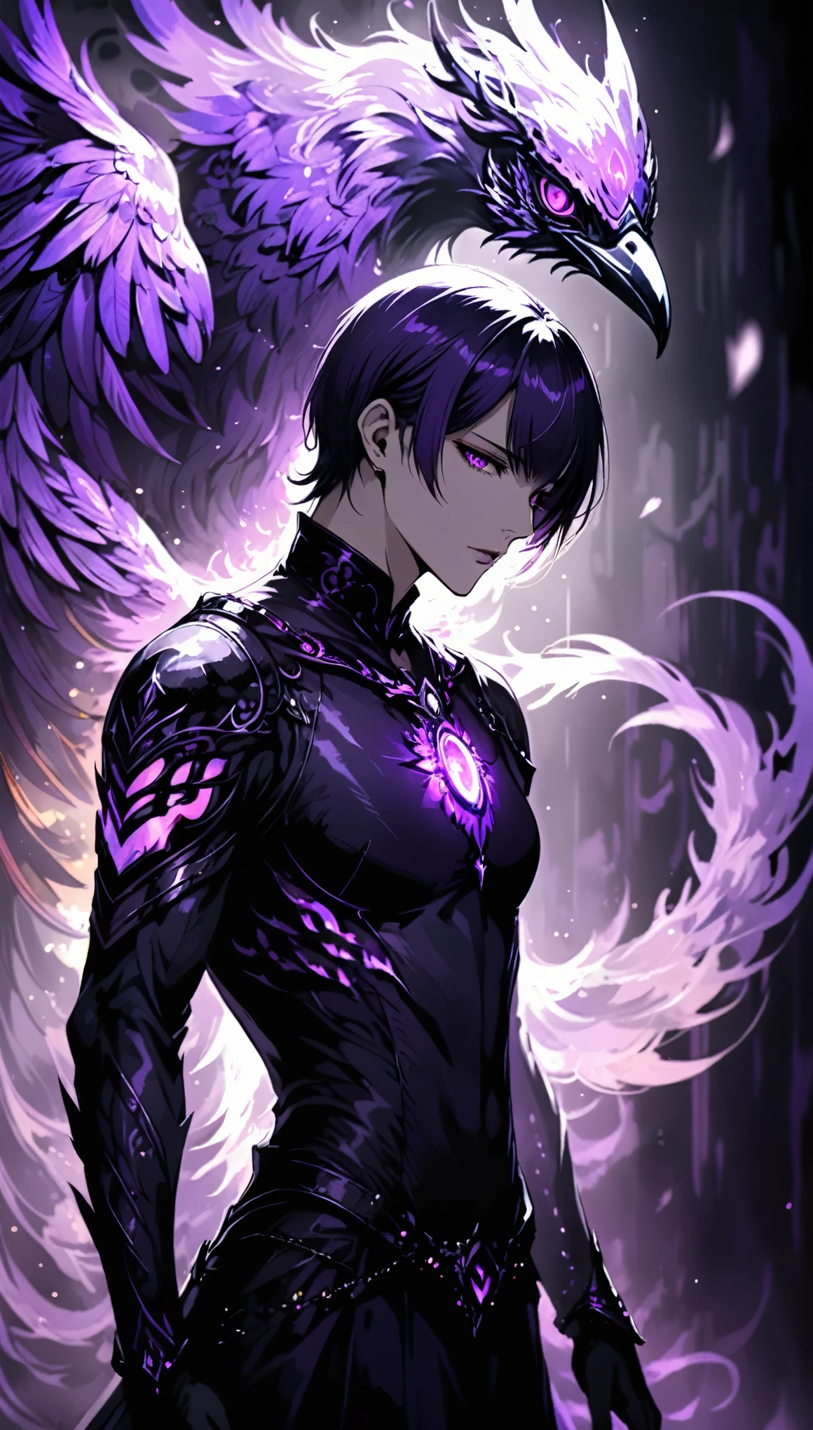 in style of Harry Clarke,in style of Alma Woodsey Thomas,in style of Santiago Caruso,in style of American McGee,
(a burning purple dark forest:1.2),(float feathers:1.3),1girl,purple flames enveloped the bird,(huge bird:1.5),(huge bird pupils:1.3),purple eyes,crow,(purple fluorescent flames,:1.4),bangs,glowing,long hair,glowing eyes,long sleeves,black hair,purple hair,looking at viewer,jewelry,blunt bangs,from side,solo,purple theme,breasts,
BREAK
(blurry foreground:1.6),(blurred background:1.5),darkness,absolute darkness,absolute shadows,panorama,(the man of the vision:1.3),dynamic posture of the characters,