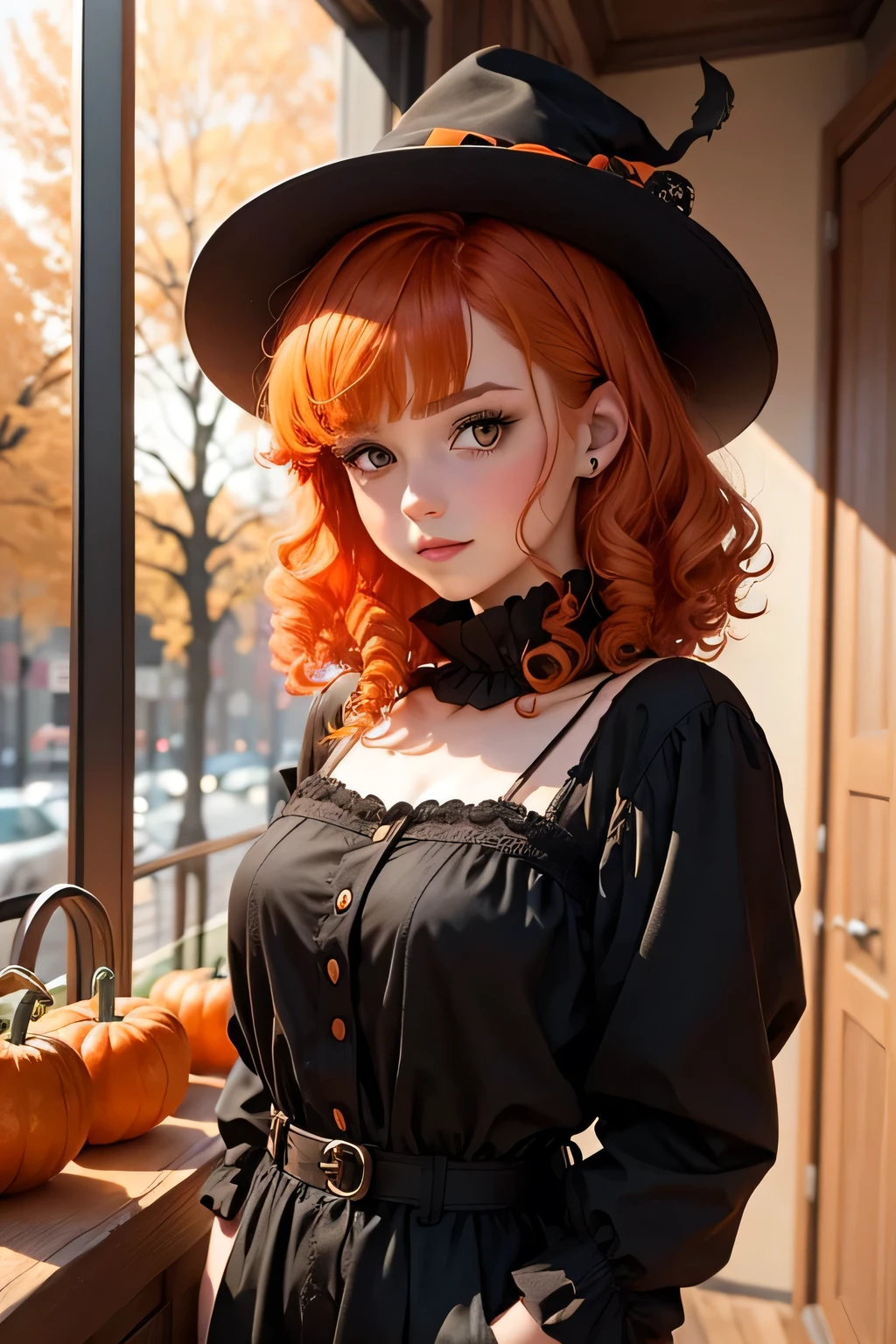 18 years old European girl. With orange curly hair. She's got an original haircut. She loves fall and Halloween. She looks immature and happy.