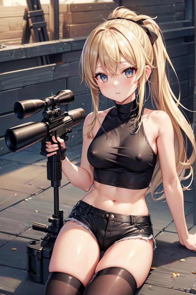 ((Highest quality))、((masterpiece))、(detailed)、((Anatomically correct))、(High resolution、8k)、(Beautiful Skin:1.1)、One woman、(Beautiful eyes:1.2)、(sniper rifle)、MP5A3、(sniper rifleを構える:1.3)、Splattering cartridge cases、Blonde、ponytail、Black short tank top、Erect nipples、Belly button、Black hot pants、A flaming battlefield