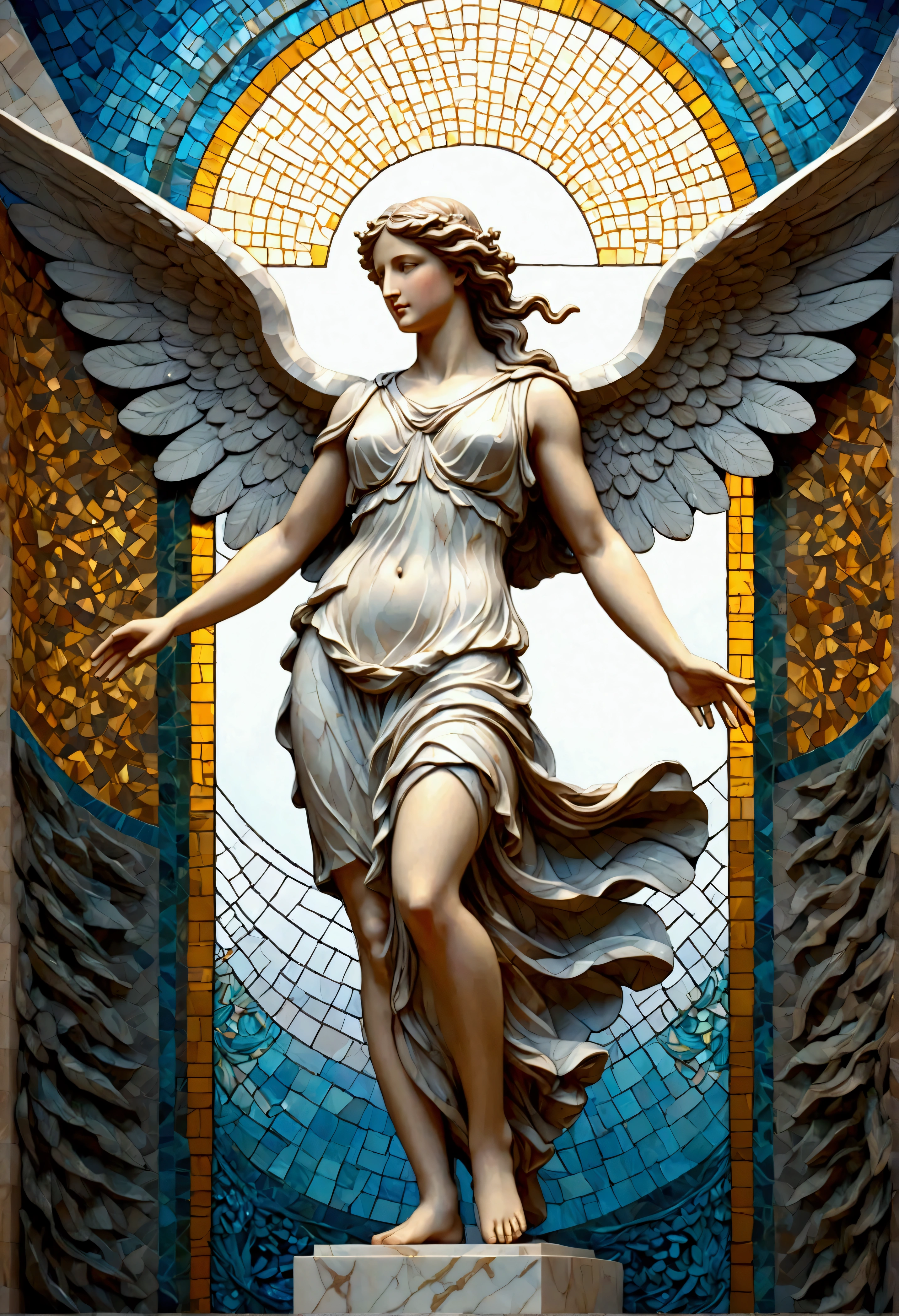 Fixes,statue of the goddess Nike of Samothrace,statue made of marble,best composition,dynamic position,create an artistic background,Mosaic painting using geometric patterns,Use motifs from Greek mythology,(masterpiece:1.3),(highest quality:1.4),(ultra detailed:1.5),High resolution,extremely detailed,unity 8k wallpaper