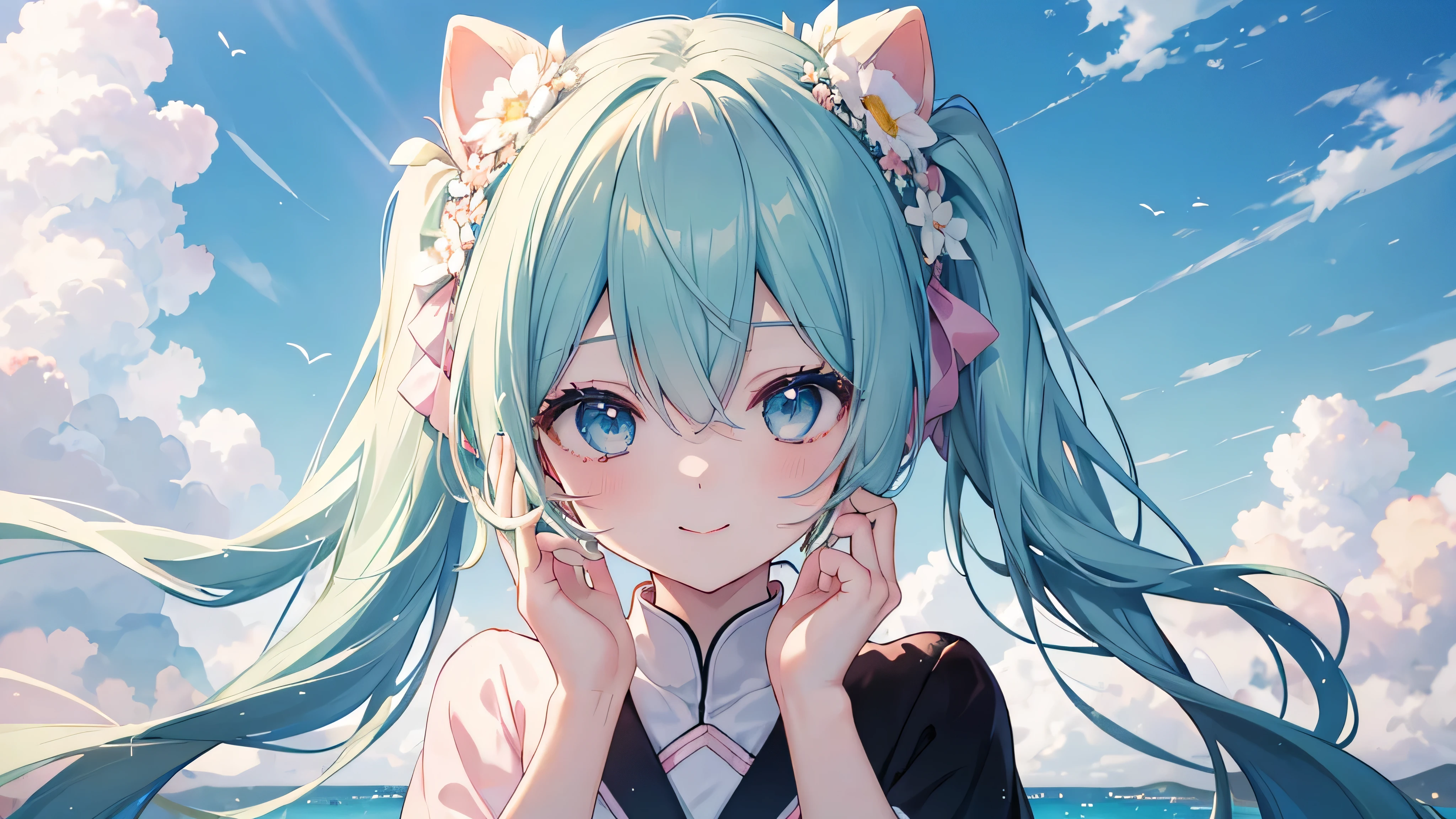 ((Look up)), (((Highest quality、masterpiece、Ultra-fine、Ultra-fine、Green Hair,Exquisite、16K、Full HD、Asahi、Top-down angle,hatsune miku,))), ((buzzer,Private Server,Look up while blocking the sun with your hands)))Blue eyes、Long eyelashes、White skin、(Pale pink lips、Pale pink cheeks、thin and long)、 (((cute,The best smile)), ((one person)) 、(blue sky)) 、 (Under the hot sunlight spreading across the blue sky, the cicadas&#39; cries echo in the shade of the green trees.)、