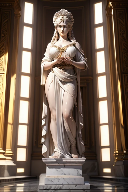 White marble Statue (best quality,4k,8k,highres,masterpiece:1.2),ultra-detailed,(realistic,photorealistic,photo-realistic:1.37),detailed ancient greek white marble statue, woman dressed in traditional dress peplos,dramatic lighting,chiaroscuro,classical architecture,detailed facial features,ornate pedestal,dramatic shadows,warm color tones