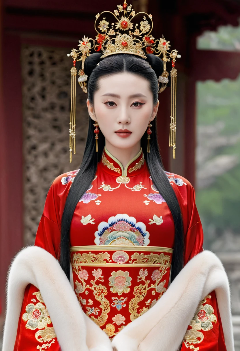 Chinese actress Ruyi Den Jow Xun looking like Empress of the Qing Dynasty standing full frontal view of the Empress in red costume with large breasts and hairy pussy　
Nude without underwear
Qing Dynasty Chinese palace outside stone tatami mats with large crown of Empress of China hairstyle