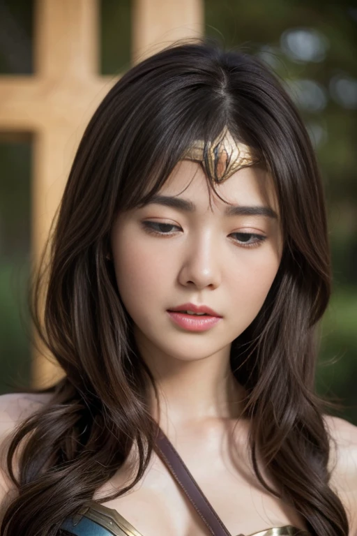 highest quality,masterpiece,Hmm, Super detailed, 8k,(Beautiful woman),A Beautiful Woman,((crucifixion)),(cross),(execution),((incontinence)),Close ~ eyes,Sleeping face,fainting、I was scared,torture,slave,((Woman in crucifixion at the cross:1.5)),crucifixion刑,(wonder woman),torn costume,tattered clothes,Bruises on the face or body,perfect wa,sleeping face,face of suffering,sky face,sleeping face、masterpiece、beautiful girl、fine 目、puffy eyes、highest quality, 超High resolution, (reality: 1.4), movie lighting、Japanese、Asian Beauty、Korean、super beautiful、beautiful skin、(Ultra-realistic)、(High resolution)、(8k)、(very detailed)、(beautiful and fine 目)、(Super detailed)、 (wall-)、detailed face、bright lighting、professional lighting、slanted bangs、brown hair、20-year-old,wonder womanティアラ