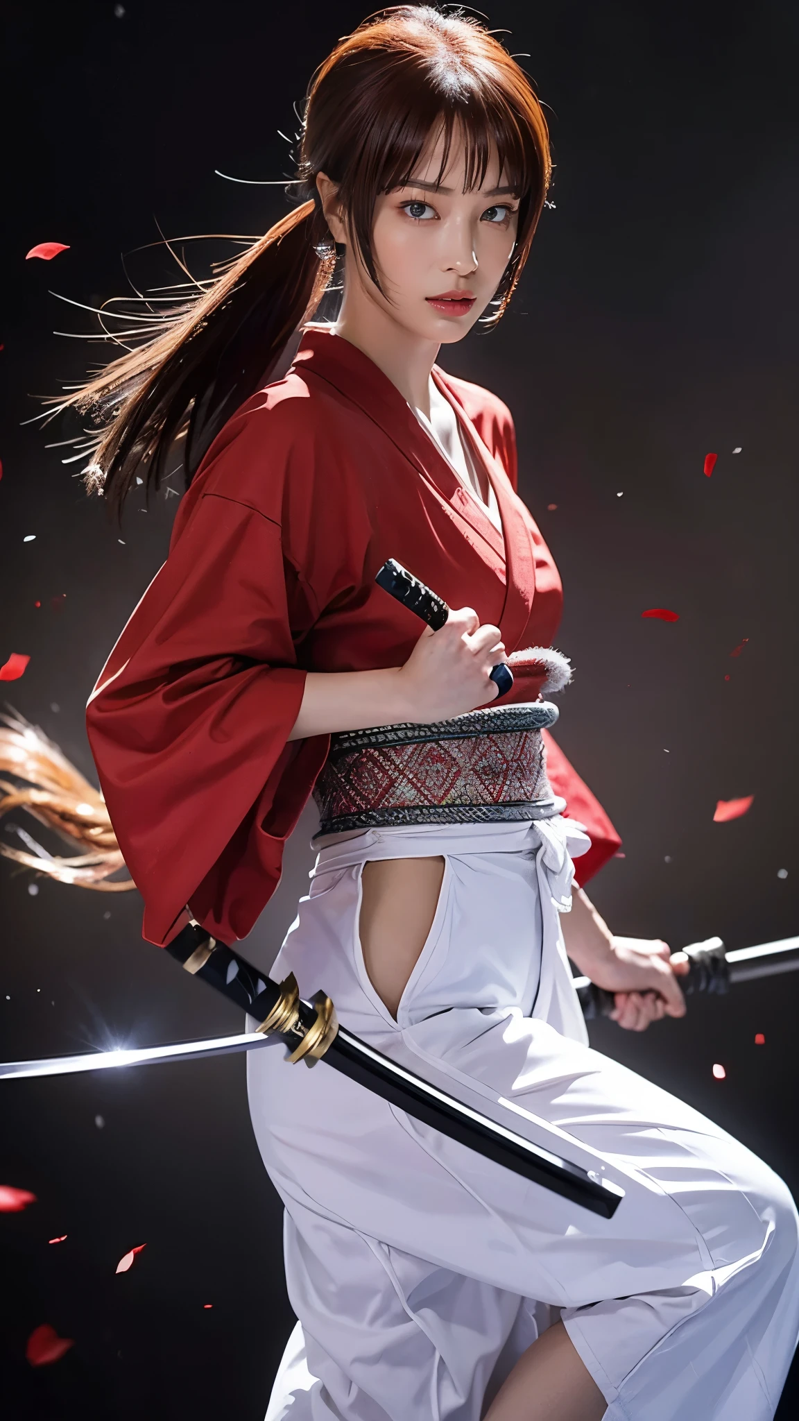 "Rurouni Kenshin",
Moment of enthusiasm, Bold,
Capturing the essence of her fiery determination and indomitable spirit, She explodes in rage, Strongly conveys the raw power of Kenshin's rage, Emphasizing the intensity of the scene, The woman is in a determined stance,
Action with a straight sword in hand,
Long hair, Ponytail, Red hair, ((Red eyes)), Bright red lipstick,
Katana, Holding a sword in hand,
Cross sign on left cheek,
High quality, Realistic,
20-year-old woman,
She wears a red kimono with an intricate pattern, Combined with a white hakama,
The lighting is realistic, (Masterpiece+Top quality+High resolution+Very detailed), (Full body:1.2),Symmetrical, One cut,