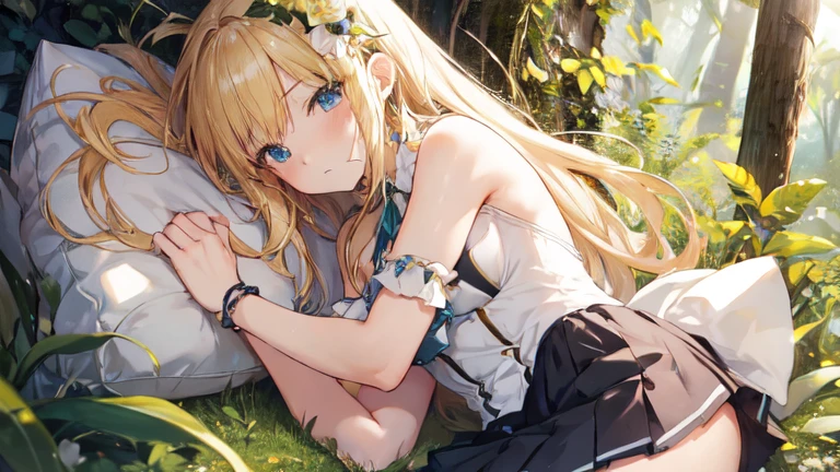 super high quality, Super detailed, Ultra-clear, forest, one person, long blonde hair, sleep, Swimsuit, Clothes with intricate and colorful details, mini skirt, Stockings