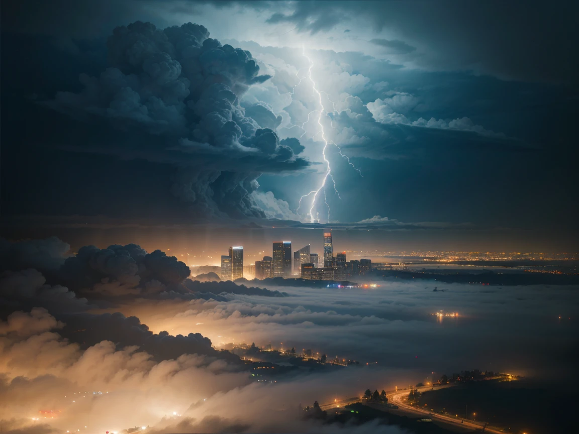 View from the airship cabin, Night view of skyscrapers, (Ultra-high resolution,8k),Fantasy, The world of picture books, (Highest quality), Super detailed, Outstanding Image, (Photorealistic), The fog rolls in, Severe lightning strike