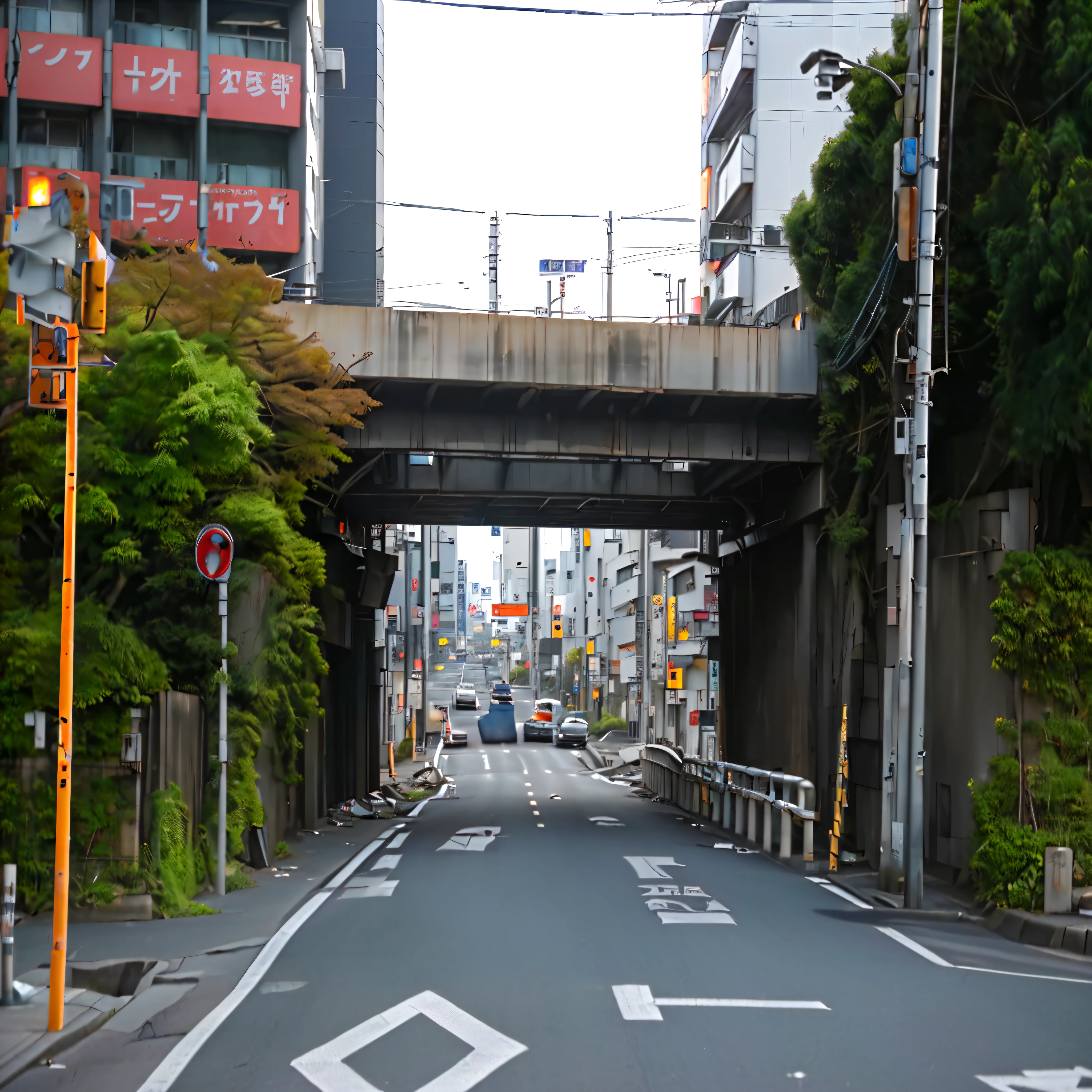 There is a road with a bridge over it、A car is driving underneath, In Tokyo, Tokyo Street, Japan Streets, The rubbish of abandoned Shinjuku, in Neo Tokyo, Around the city, kantoku, On a street corner in Tokyo, (Neo Tokyo), in a Tokyo Street, Set in the Bank of Tokyo parking lot, Hurry