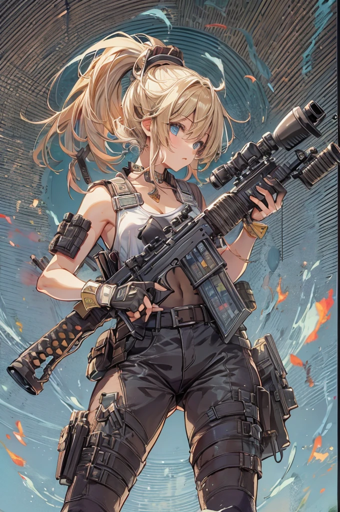 ((Highest quality))、((masterpiece))、(detailed)、((Anatomically correct))、(High resolution、8k)、(Beautiful Skin:1.1)、One woman、(Beautiful eyes:1.2)、(sniper rifle)、MP5A3、(sniper rifleを構える:1.3)、Splattering cartridge cases、Blonde、ponytail、Black short tank top、Erect nipples、Belly button、Black hot pants、A flaming battlefield