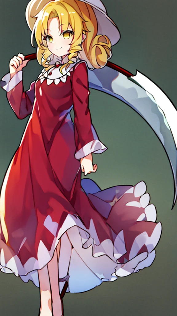 a drawing of an anime character in a red dress and boots with a large scythe, ((high end)), (UHD picture), (best quality,4k,8k,highres,masterpiece:1.2), top-quality(​masterpiece), top-quality, ultra-detailed, highly detailed texture, intricate details, high quality textures, masterpiece, best quality, perfect quality, perfect anatomy, perfect body, perfect symmetrical face, 1 beautiful girl, 1girl, , , , (((loli))), ((cldish)), hat, white hat, blonde hair, long hair, parted bangs, drill hair, well-formed face, yellow eyes, maxi dress, red dress, dress, long sleeves, frills, long skirt, simple background, scythe, holding scythe, holding, white socks, smile, cute face, beautiful, holding scythe