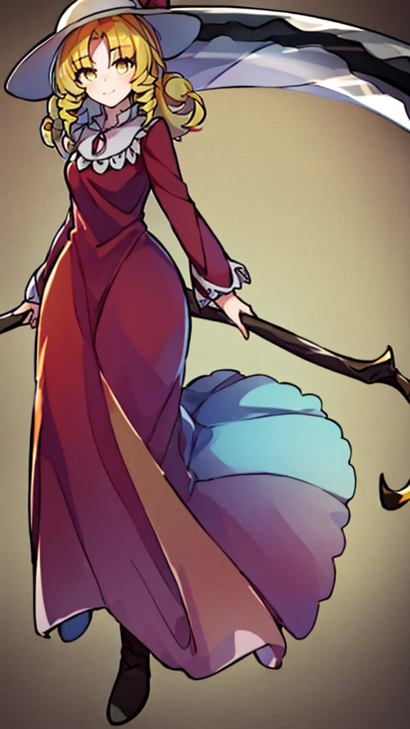 a drawing of an anime character in a red dress and boots with a large scythe, ((high end)), (UHD picture), (best quality,4k,8k,highres,masterpiece:1.2), top-quality(​masterpiece), top-quality, ultra-detailed, highly detailed texture, intricate details, high quality textures, masterpiece, best quality, perfect quality, perfect anatomy, perfect body, perfect symmetrical face, 1 beautiful girl, 1girl, , , 10 years old, (((****))), ((childish)), hat, white hat, blonde hair, long hair, parted bangs, drill hair, well-formed face, yellow eyes, maxi dress, red dress, dress, long sleeves, frills, long skirt, simple background, scythe, holding scythe, holding, white socks, smile, cute face, beautiful, holding scythe