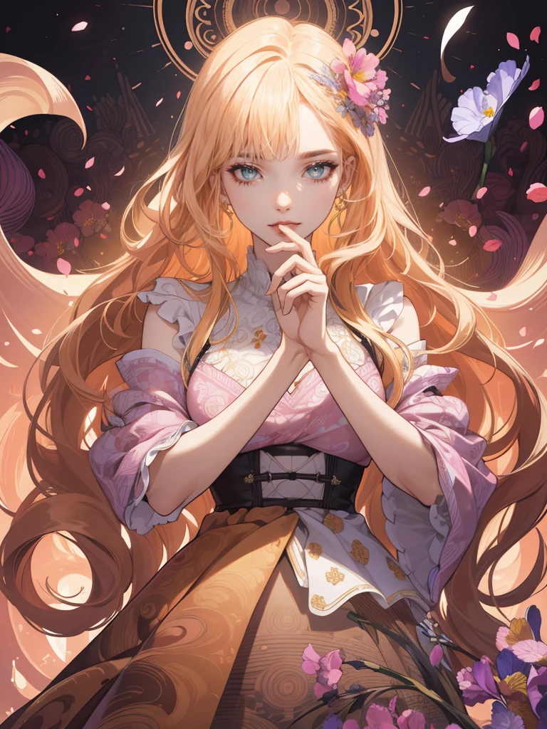 (absurderes, highres, ultra detailed), 1girl, mature woman, wavy blond hair, long  hair, Blunt Bangs, orange eye iris, very detailed iris of the eyes, pink color dress, finely detailed eyes and detailed face, Extremely detailed CG unity 8k wallpaper, details Intricate, BREAK , kaleidoscopic images, symmetrical patterns, swirly vibrant colors, geometrical forms, designs hipnotizantes, optical illusions, BREAK dynamic composition , pantomime art, expressive body language, silent narrative, evocative gestures, visual narratives, BREAK theatrical performances , flowers blooming, colorful petals, aromas fragrantes, Nature&#39;s bounty, vibrant gardens, tranquil gardenscapes