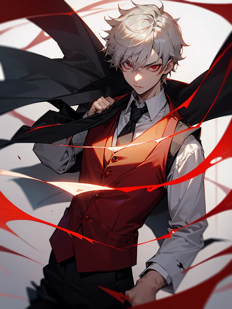 Japanese sword, vampire, light gray short hair, man, bat wing, golden eye, suit vest, spider lily, red makeup