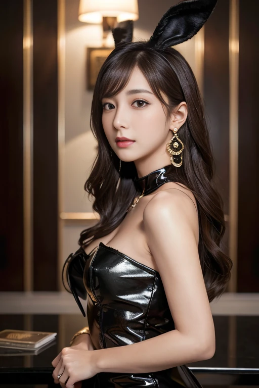 masterpiece, Highest quality, Realistic, Very detailed, Finer details, High resolution, 8k wallpaper, One beautiful woman, Wear a nice black bunny girl costume, In a great hotel room, At night, Light brown messy hair, Perfect dynamic composition, Beautiful and beautiful eyes、Big earrings、Are standing