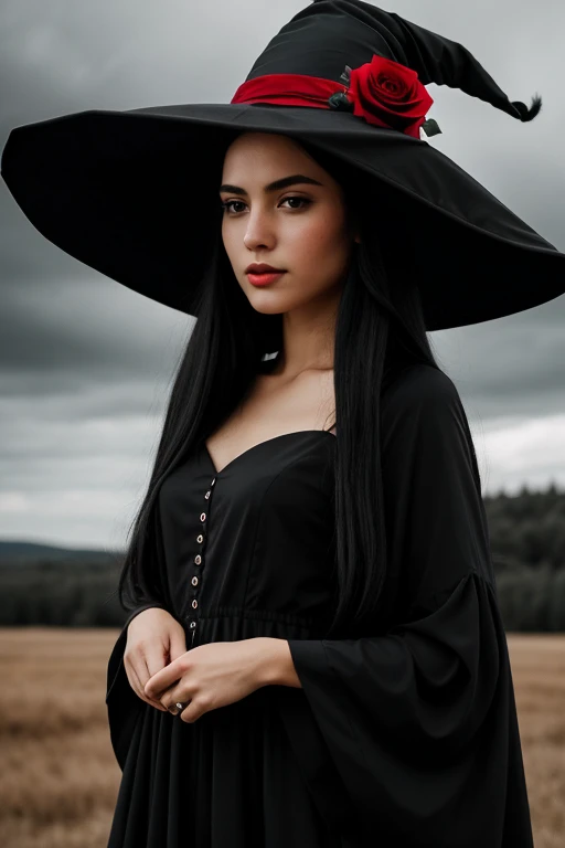 Black long hair, black long dress, Witch hat on her head, overcast sky, the girl stands tall, high detail fingers, high detail face, everything is in shades of gray except for one bright red rose
