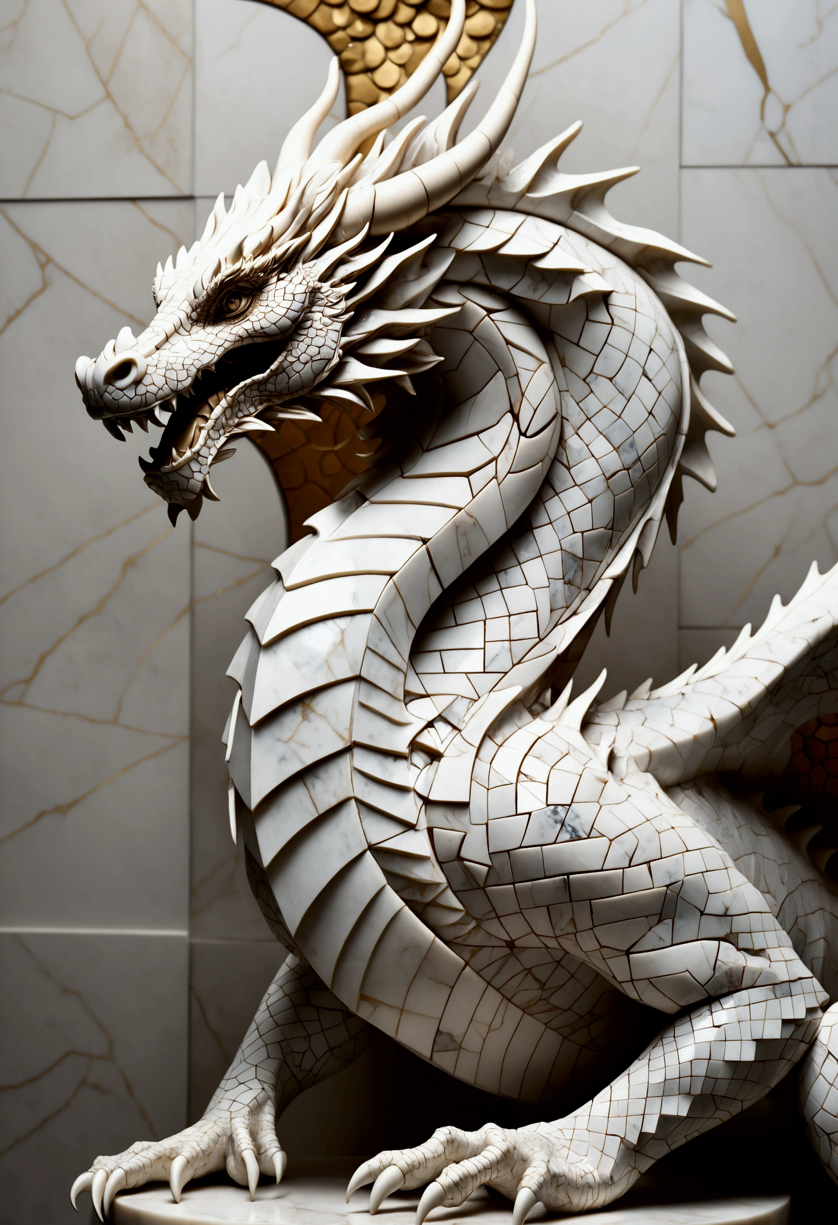 (((Sculpture made of marble:)),dragon),best composition,dynamic position,create an artistic background,Mosaic painting using geometric patterns,artwork,intricate details,artistically,(masterpiece:1.3),(highest quality:1.4),(ultra detailed:1.5),High resolution,extremely detailed,anatomically correct,perfect anatomy