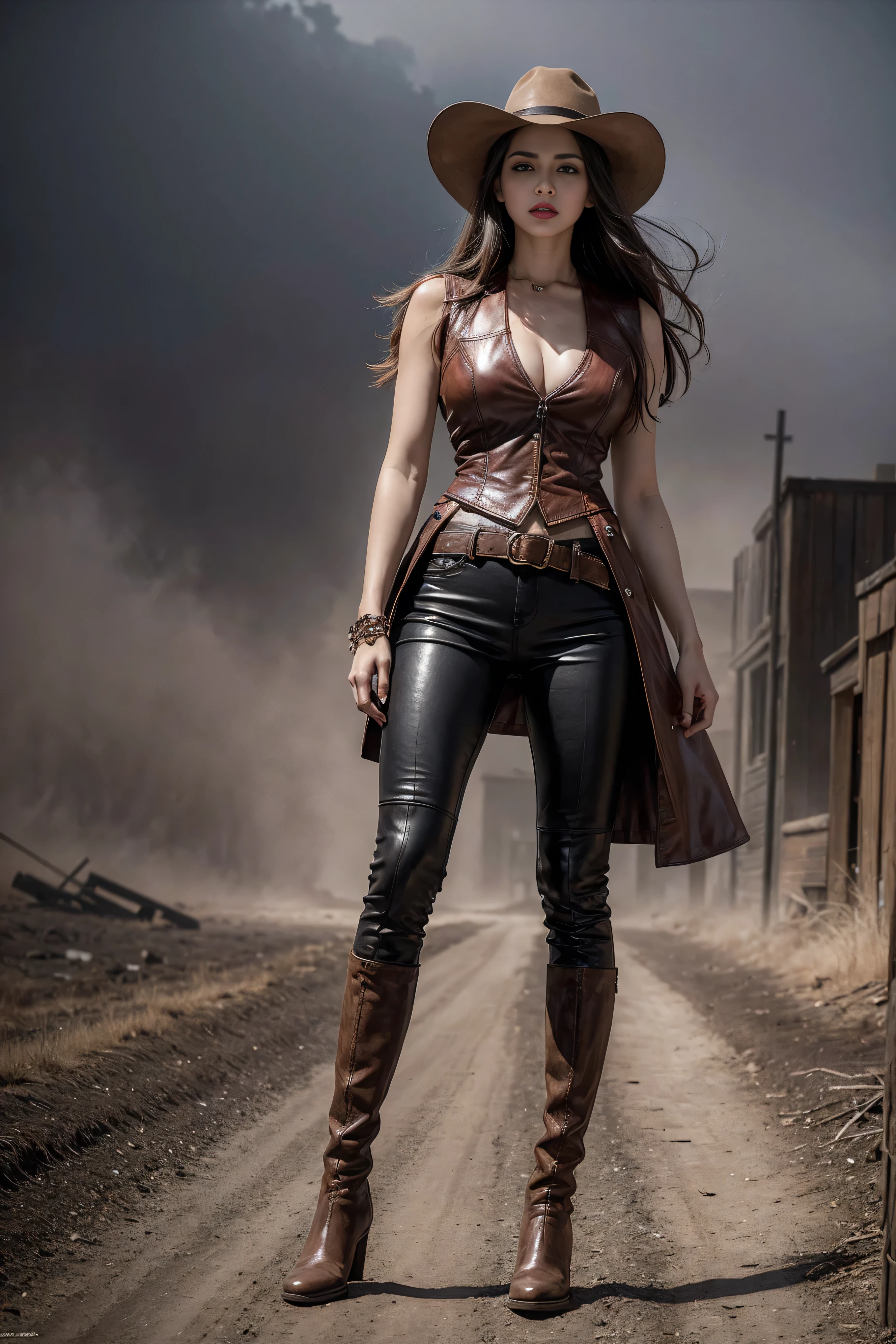 Full body cowboy woman circa 1880s, Brown long straight hair, Brown eyes, High arched eyebrows, Slender and graceful neck, Red lips, Large Breasts, Brown Leather Tights, Sleeveless Brown Leather Vest, Leather Boots, Walking on the dusty sandy streets of a deserted North American town,The wind blew through her hair, Practical, photoPractical, photoPractical, fear, Dark gloomy atmosphere and dramatic lighting, dark red, Foggy environment, Detailed facial expressions, Terrible fog
