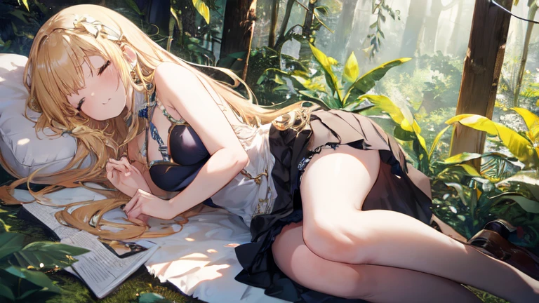 super high quality, Super detailed, Ultra-clear, forest, one person, long blonde hair, sleep, Swimsuit, Clothes with intricate and colorful details, mini skirt, Stockings