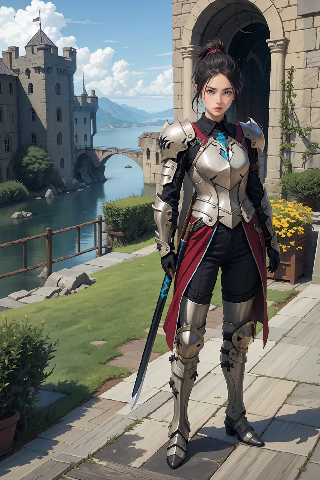 1 girl, black ponytail hair, wearing black knight armor((barioth x armor)), standing outside castle, holding long sword, serious face, fullbody shot, 