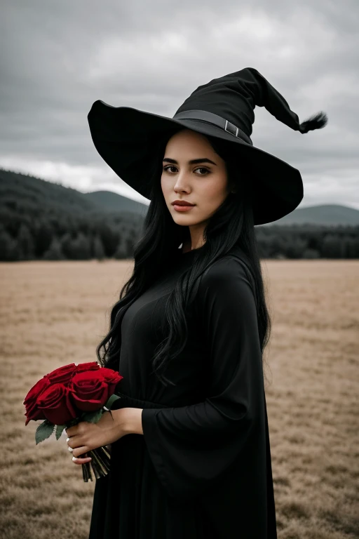 Black long hair, black long dress, Witch hat on her head, overcast sky, the girl stands tall, high detail fingers, high detail face, everything is in shades of gray except for one bright red rose
