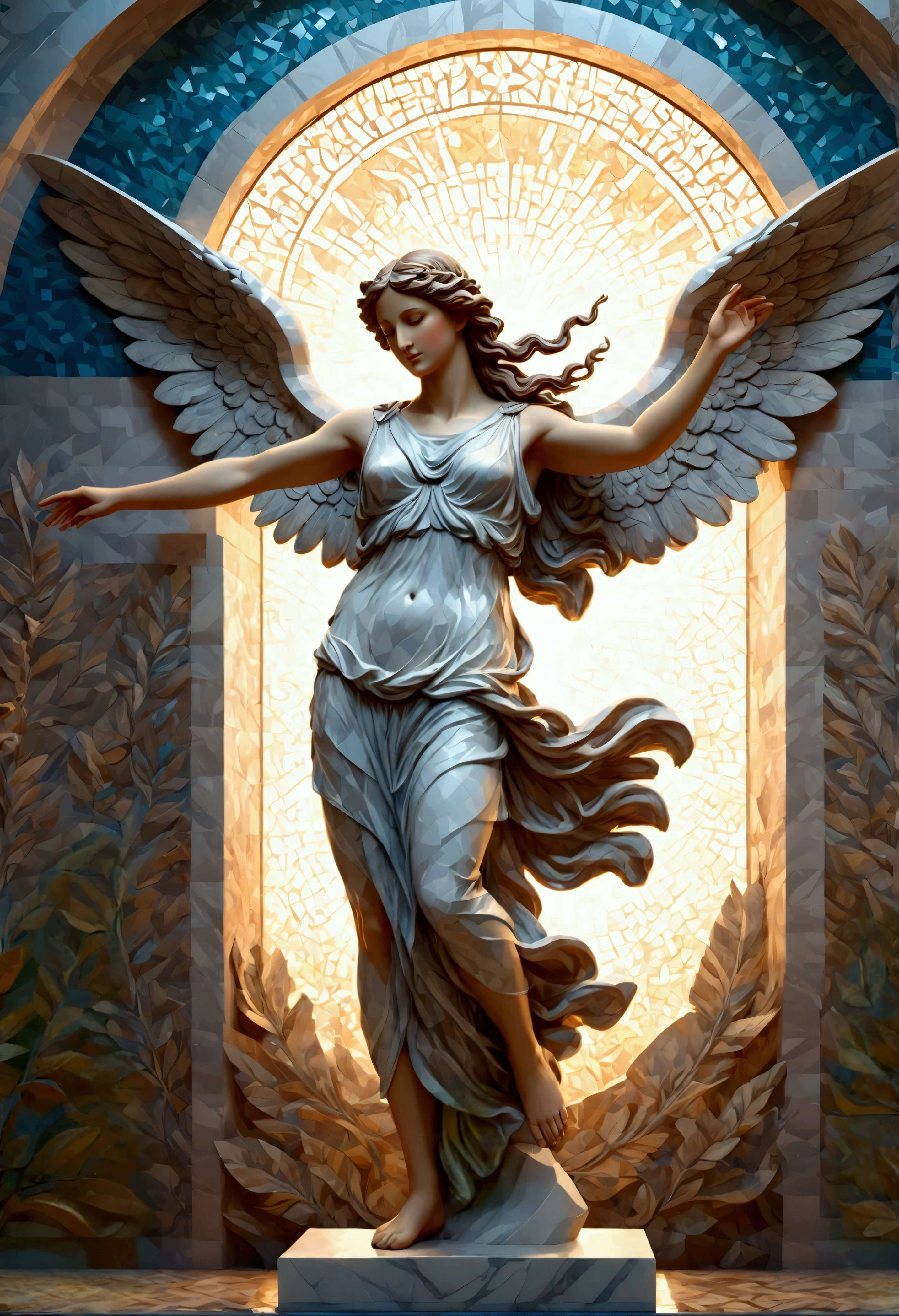 Fixes,statue of the goddess Nike of Samothrace,statue made of marble,best composition,dynamic position,create an artistic background,Mosaic painting using geometric patterns,Use motifs from Greek mythology,(masterpiece:1.3),(highest quality:1.4),(ultra detailed:1.5),High resolution,extremely detailed,unity 8k wallpaper