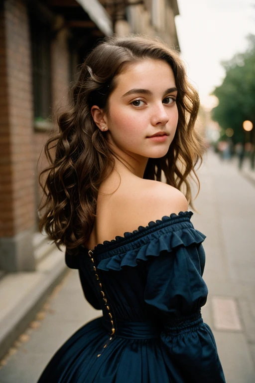 (a closeup of a beautiful -yeld gion a 19th century street in a vintage dress), (Serious:0.5), (Highly detailed face:1.4), ass pov, Nikon D850, film stock photograph, 4 Kodak Portra 400, camera f1.6 lens, saturated colors, hyper realistic, lifelike texture, dramatic lighting, Cinestill 800, 19th-century Victorian style, Evening, Vintage lighting, Medium curly hair