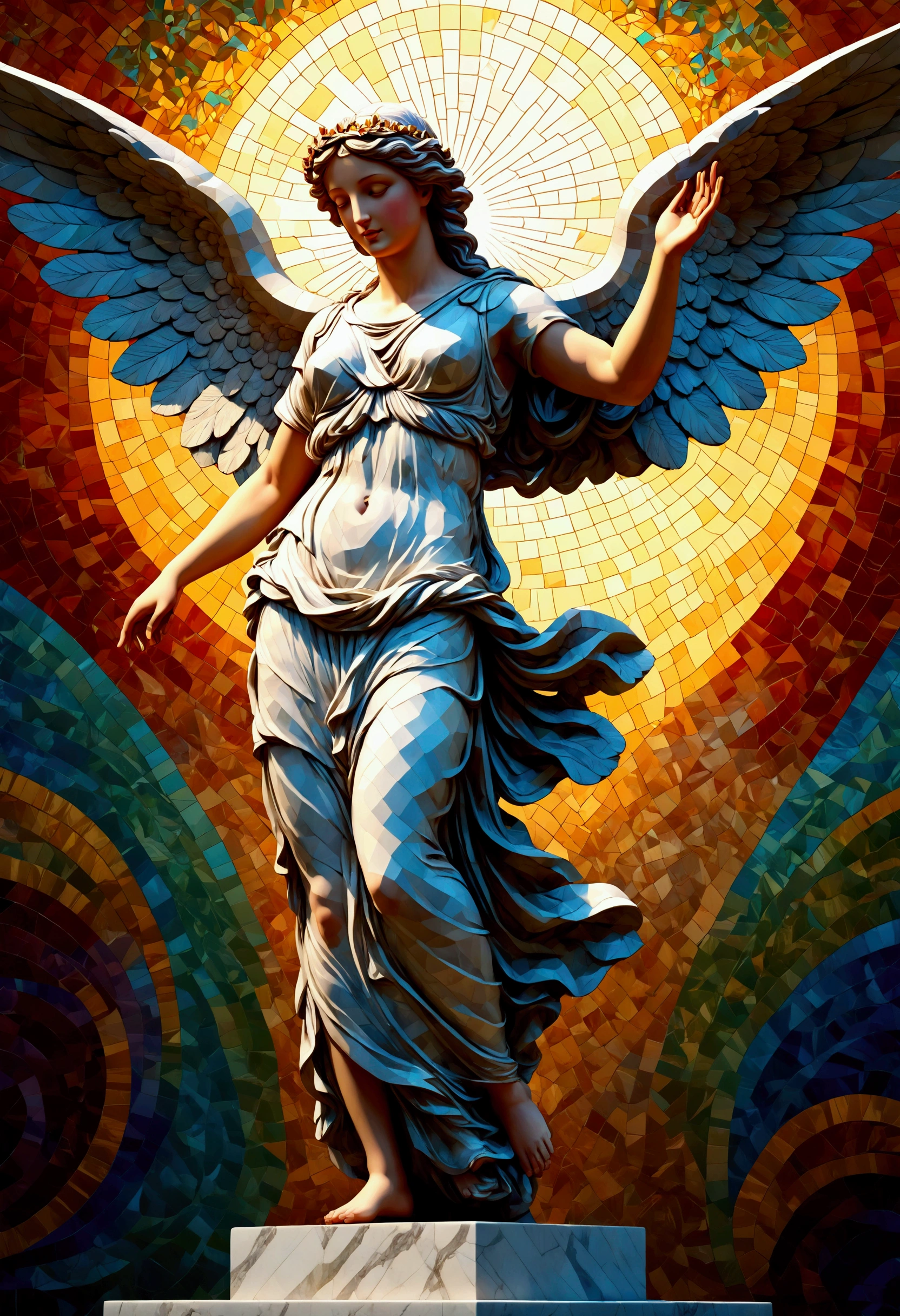 Fixes,statue of the goddess Nike of Samothrace,statue made of marble,best composition,dynamic position,create an artistic background,Mosaic painting using geometric patterns,Use motifs from Greek mythology,(masterpiece:1.3),(highest quality:1.4),(ultra detailed:1.5),High resolution,extremely detailed,unity 8k wallpaper