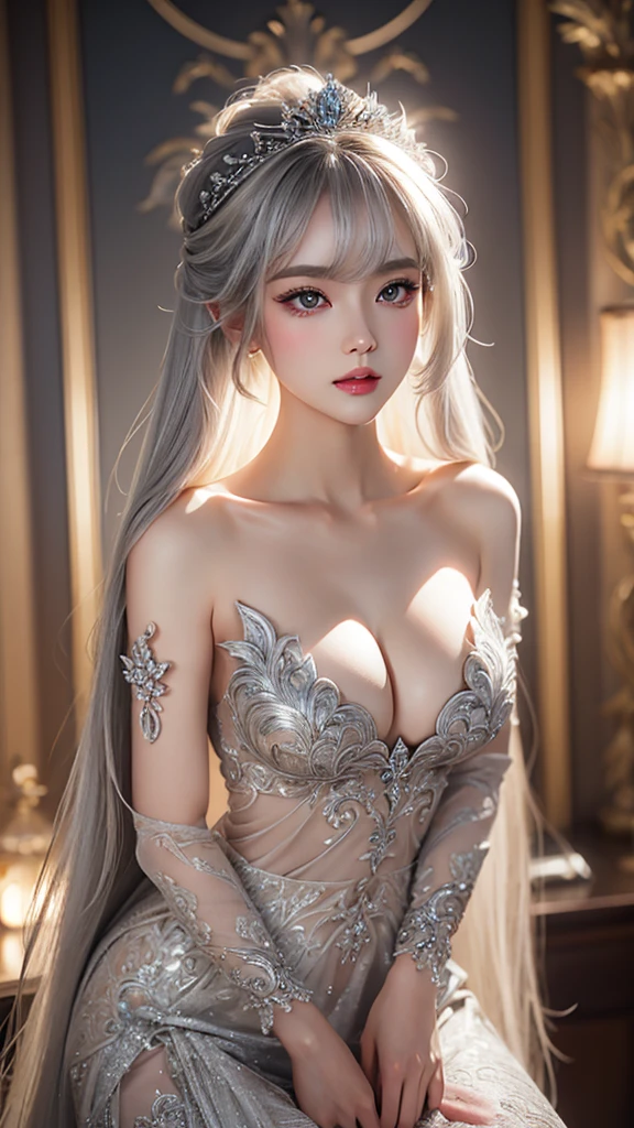 wrenchsilverserenade, gown
silver \(metals\) dress ((full body)), ((Elegant posture, Attractive posture)), Platinum Blonde Fine Hair、Extra long silky straight hair、Big eyes with bangs and eyeliner、((Visible cleavage))、((E cup)), ((I-type Valley)), Nordic Youth、Perfect body、Very beautiful and cute、White Skin、Smooth and radiant skin、Young and beautiful skin、Perfect beautiful little face、Shiny Makeup、Thin pink lip gloss expression、girl、Lipstick、Deceptive advertising、{Steaming hot}、Audience perspective、Primetime lights、Bokeh atmosphere perspective、Detailed movie lighting、Intricate details、high resolution、 Details of facial design、High Detail、Be focused、Smoothness、aesthetics、Print、Octane Renderer、{{masterpiece}}