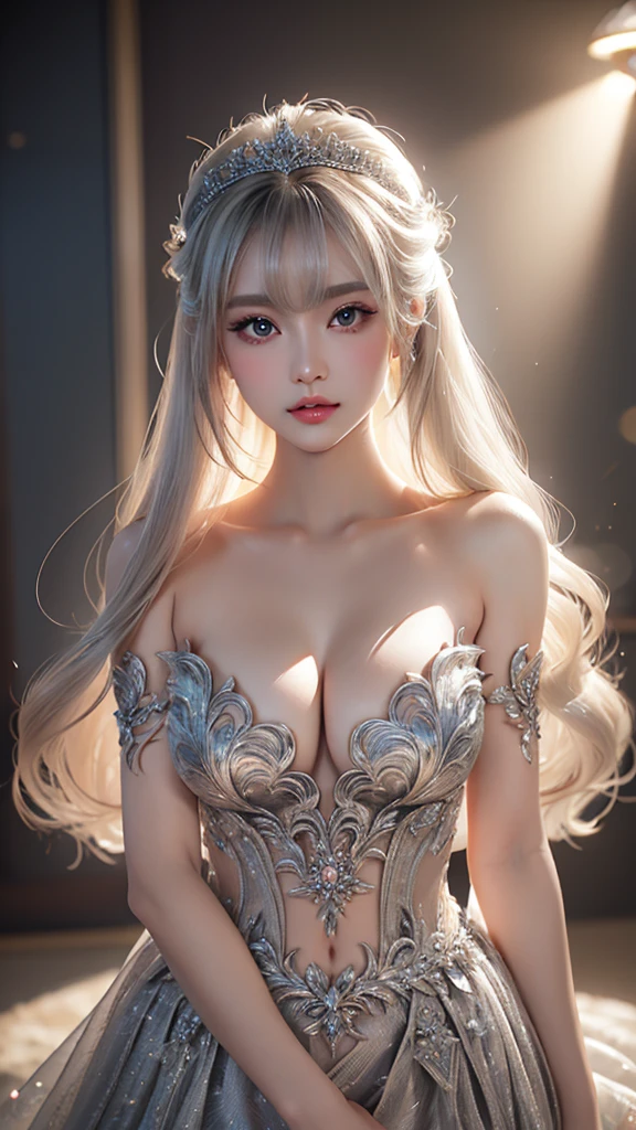 wrenchsilverserenade, gown
silver \(metals\) dress ((full body)), ((Elegant posture, Attractive posture)), Platinum Blonde Fine Hair、Extra long silky straight hair、Big eyes with bangs and eyeliner、((Visible cleavage))、((E cup)), ((I-type Valley)), Nordic Youth、Perfect body、Very beautiful and cute、White Skin、Smooth and radiant skin、Young and beautiful skin、Perfect beautiful little face、Shiny Makeup、Thin pink lip gloss expression、girl、Lipstick、Deceptive advertising、{Steaming hot}、Audience perspective、Primetime lights、Bokeh atmosphere perspective、Detailed movie lighting、Intricate details、high resolution、 Details of facial design、High Detail、Be focused、Smoothness、aesthetics、Print、Octane Renderer、{{masterpiece}}