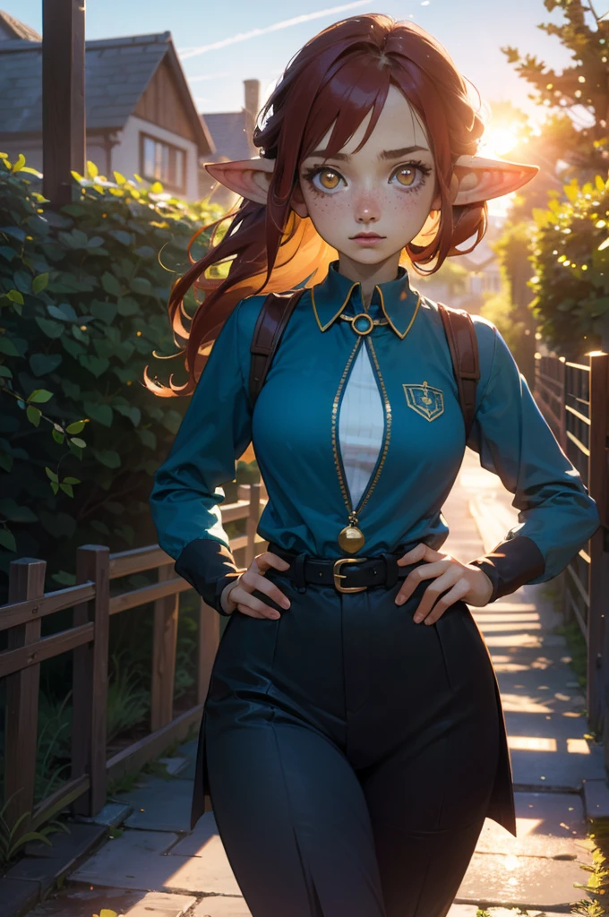 (masterpiece:1.3), (Best quality:1.3), (hires, a high resolution:1.3), 8 K, Ultra_detailed, very much_transparent, photo, Beautiful, Sharp Focus, HDR, (realistic, Ultra realistic), break
1girl, One, goblin girl, Red hair, redhead, freckles, medium breast, (green skin, yellow eyes, detailed eyes), villager outfit, belt, Jewelry, break
(medium shot, I look at the viewer:1.2), (Tilt shift, hips, Deep Focus), break
fantasy, village, Path, markets, trees, grass, Hedge, Fences, bushes, building, transparent blue sky, break
evening, sunset, golden hour, (Volumetric lighting, sharp shadows, daylight, Sun Ray),
 