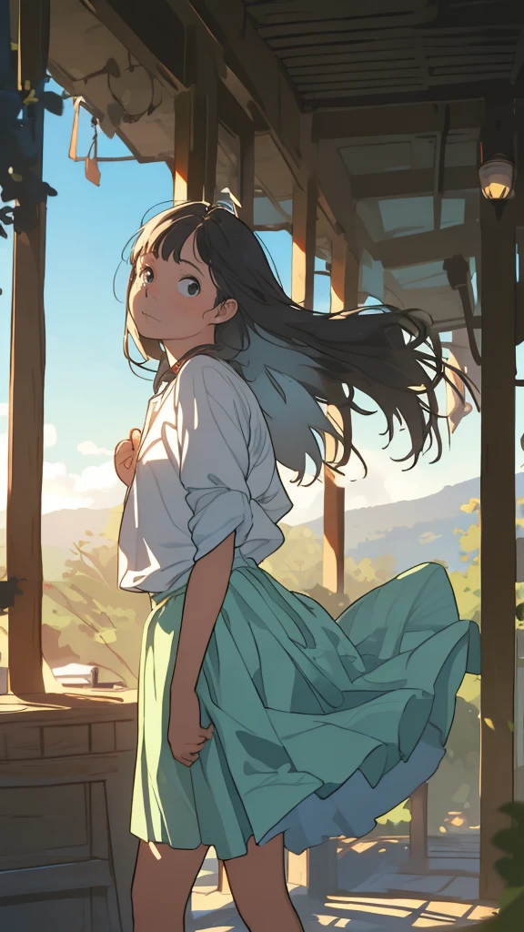 reasonable design, Clear lines, High Sharpness, (highest quality,8K,Perfect sharpness,Ultra fine,High resolution,masterpiece:1.2), Perfect Anatomy:1.5, Official Art, Illustrations that tell a story, (Whitish background:0. 9）、Body Positivity、More Mr.Physical expression、（Random and mischievous poses）、Perfect beauty、Perfect beautiful face、Strong winds、A rich expression、Dynamic composition、smile、Golden ratio composition、colorful、（Mr.Different angles and perspectives）、anime art、mini skirt、（Overcoming stereotypes）、 Glowing Skin、（Natural beauty）、smile、bangs、Straight Hair、（Soft and flowing hair）、（Rural Scenery）、（Nostalgic atmosphere）、Insert up to the thighs、（Playful and carefree）、（More Mr.Ethnic characters）、（innocent attitude）、（Sunny atmosphere）、Skirt flipped up、（Bright colors）、Belly button exposed、Beautiful Eyes、A skirt fluttering in the wind、Put it in to your feet、Some composition patterns、sensuous、Geometric pattern、emotional、Symposium cover、Lens flare、Halation、