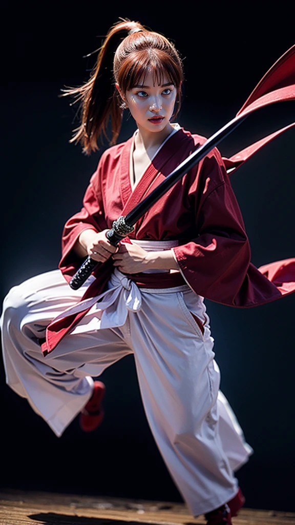 "Rurouni Kenshin",
Moment of enthusiasm, Bold,
Capturing the essence of her fiery determination and indomitable spirit, She explodes in rage, Strongly conveys the raw power of Kenshin's rage, Emphasizing the intensity of the scene, The woman is in a determined stance,
Action with a straight sword in hand,
Long hair, Ponytail, Red hair, ((Red eyes)), Bright red lipstick,
Katana, Holding a sword in hand,
Cross sign on left cheek,
High quality, Realistic,
20-year-old woman,
She wears a red kimono with an intricate pattern, Combined with a white hakama,
The lighting is realistic, (Masterpiece+Top quality+High resolution+Very detailed), (Full body:1.2),Symmetrical, One cut,