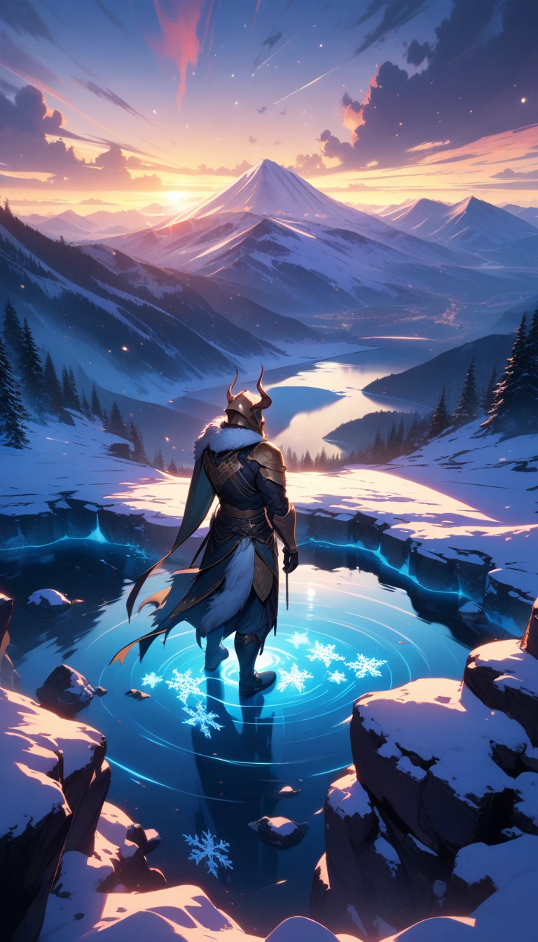 ((best quality)) , ((masterpiece)) , (detailed),horns, giant, glowing, glowing eyes, beard, male focus, 1boy, helmet, holding, facial hair, fur trim, teeth, muscular,((full body)),((full body)),(((masterpiece))), ((the best quality, super fine illustrations, beautiful and delicate water)), ((very delicate light)), ((nature, painting)), ((fine lighting, more transparent stars, high-quality snowflakes, high-quality mountains, very fine 8KCG wallpapers)), (plateau), (((snow mountain))), sunrise, randomly distributed clouds, (snow field), cliff, ((rotating star sky)), ((lake in mountain stream)), luminous particles