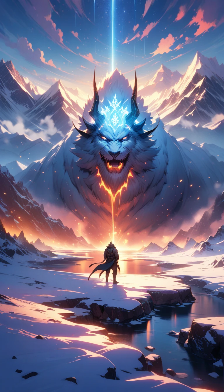 ((best quality)) , ((masterpiece)) , (detailed)，horns, giant, glowing, glowing eyes, beard, male focus, 1boy,  helmet, holding, facial hair, fur trim, teeth, muscular,((full body))，((full body)),(((masterpiece))), ((the best quality, super fine illustrations, beautiful and delicate water)), ((very delicate light)), ((nature, painting)), ((fine lighting, more transparent stars, high-quality snowflakes, high-quality mountains, very fine 8KCG wallpapers)), (plateau), (((snow mountain))), sunrise, randomly distributed clouds, (snow field), cliff, ((rotating star sky)), ((lake in mountain stream)), luminous particles