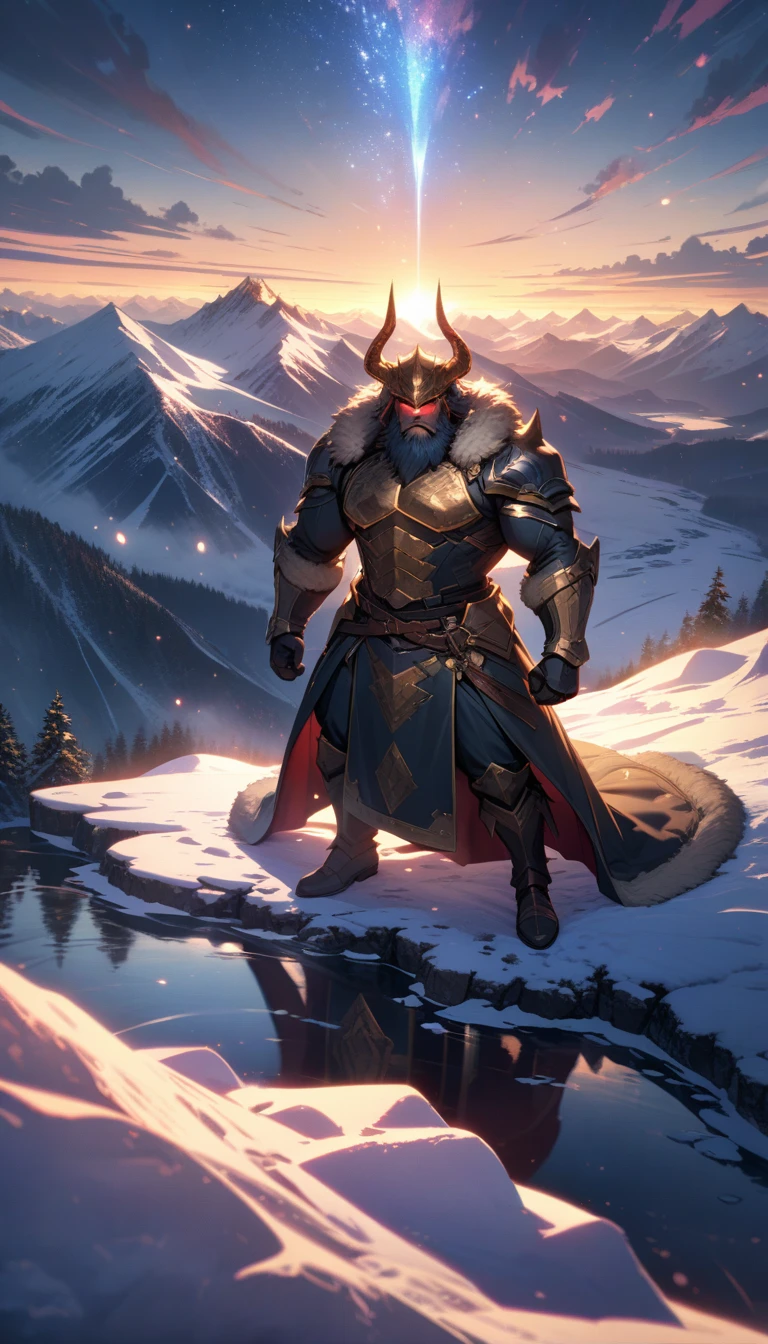 ((best quality)) , ((masterpiece)) , (detailed)，horns, giant, glowing, glowing eyes, beard, male focus, 1boy,  helmet, holding, facial hair, fur trim, teeth, muscular,((full body))，((full body)),(((masterpiece))), ((the best quality, super fine illustrations, beautiful and delicate water)), ((very delicate light)), ((nature, painting)), ((fine lighting, more transparent stars, high-quality snowflakes, high-quality mountains, very fine 8KCG wallpapers)), (plateau), (((snow mountain))), sunrise, randomly distributed clouds, (snow field), cliff, ((rotating star sky)), ((lake in mountain stream)), luminous particles