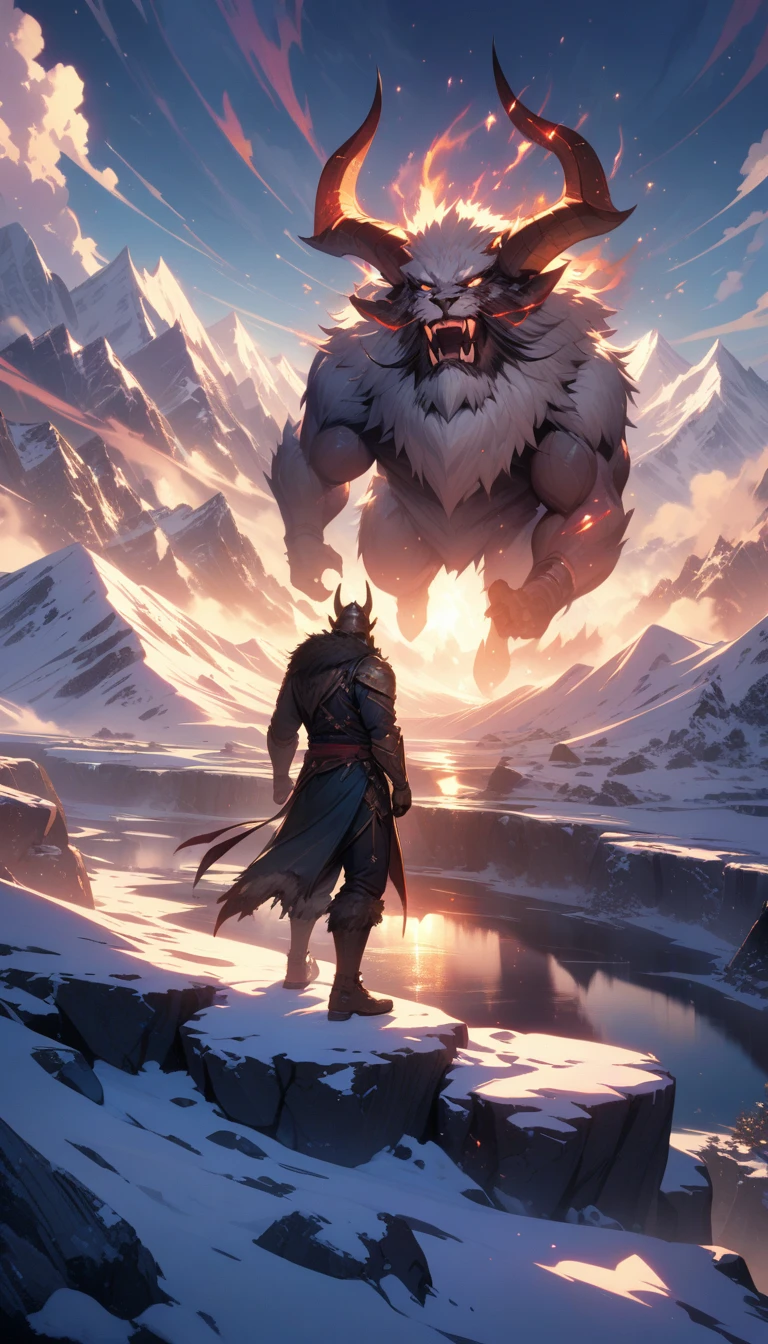 ((best quality)) , ((masterpiece)) , (detailed)，horns, giant, glowing, glowing eyes, beard, male focus, 1boy,  helmet, holding, facial hair, fur trim, teeth, muscular,((full body))，((full body)),(((masterpiece))), ((the best quality, super fine illustrations, beautiful and delicate water)), ((very delicate light)), ((nature, painting)), ((fine lighting, more transparent stars, high-quality snowflakes, high-quality mountains, very fine 8KCG wallpapers)), (plateau), (((snow mountain))), sunrise, randomly distributed clouds, (snow field), cliff, ((rotating star sky)), ((lake in mountain stream)), luminous particles