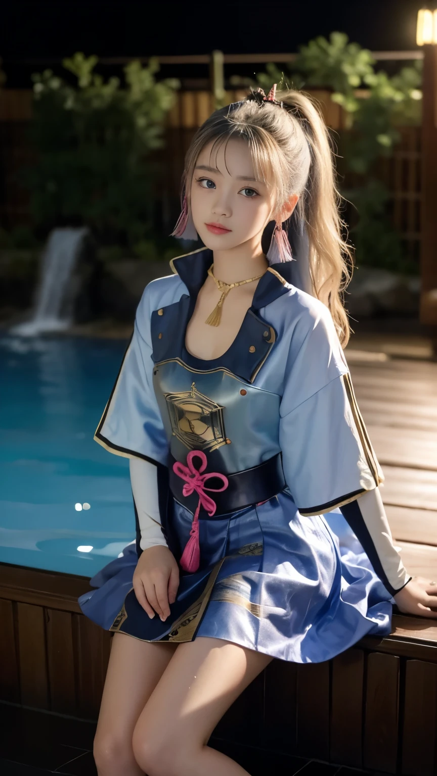 (((masterpiece))), 4K resolution, Very detailed, (((Very detailed eyes))), Detailed background, light, Crystal clear eyes, high quality, high resolution, Ultra Detailed, 8K, best quality, masterpiece, high resolution, best quality, 1girl solo, Kamisato_Ayaka, Standing、whole body、panoramic、Long legs、thin, from above, Looking at the audience, A faint smile, Wading, Wet hair, night, Poolside, Japanese hot spring