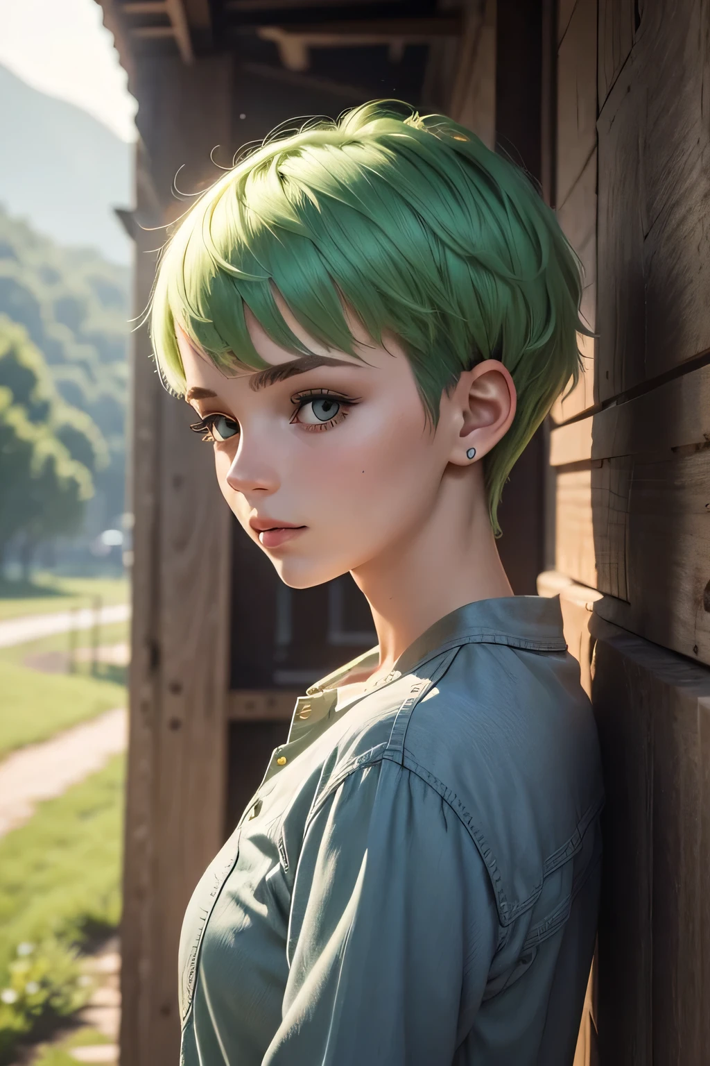 21 years old European girl. She is calme. With short green hair. She loves nature and looks shy.