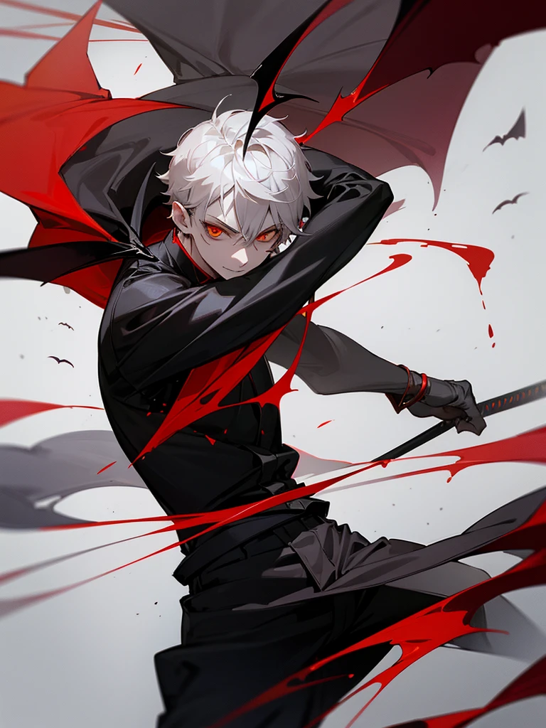 Japanese sword, vampire, light gray short hair, man, bat wings, golden eyes, cool casual black outfit, spider lilies, red makeup