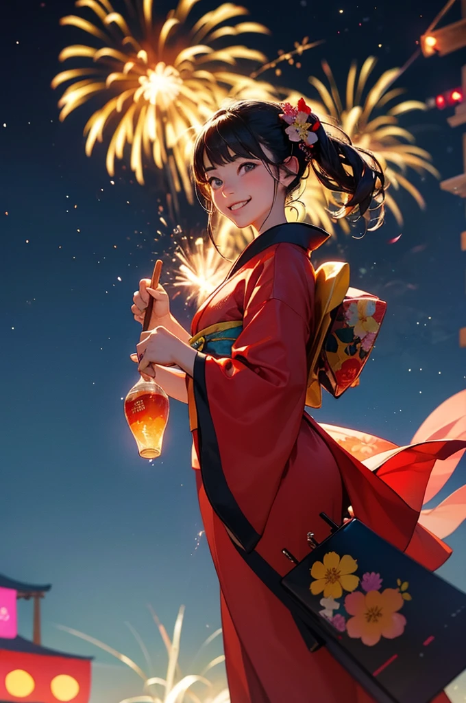 A smiling young girl in a kimono with a large amount of fireworks exploding in the night sky at a summer festival in the background